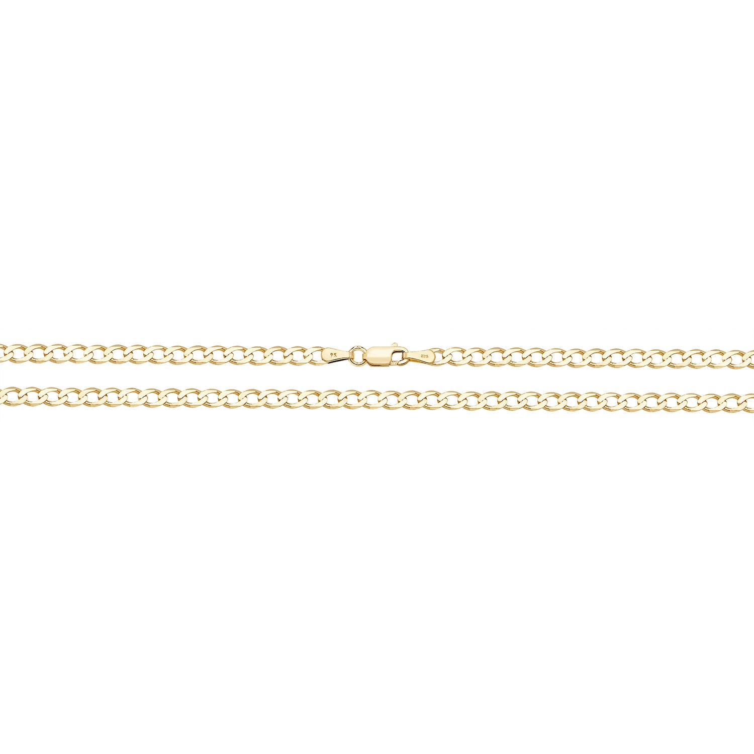 The 9CT GOLD 18" DIAMOND CUT CURB CHAIN is shown laid flat, featuring a lobster clasp centered between two parallel segments of the polished yellow gold necklace.