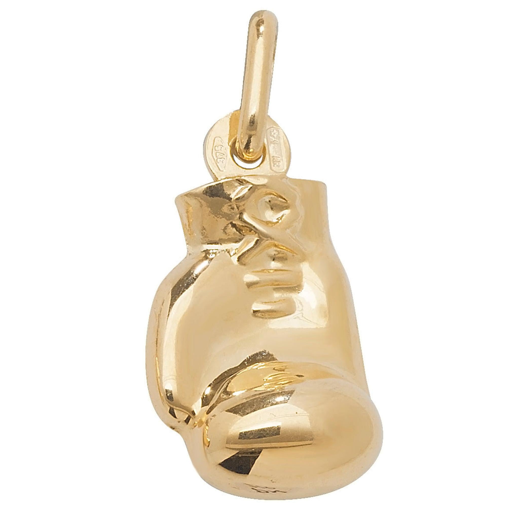 The 9CT GOLD HOLLOW BOXING GLOVE PENDANT is a small pendant crafted in 9ct gold, featuring a top loop for easy attachment to your favorite chain.