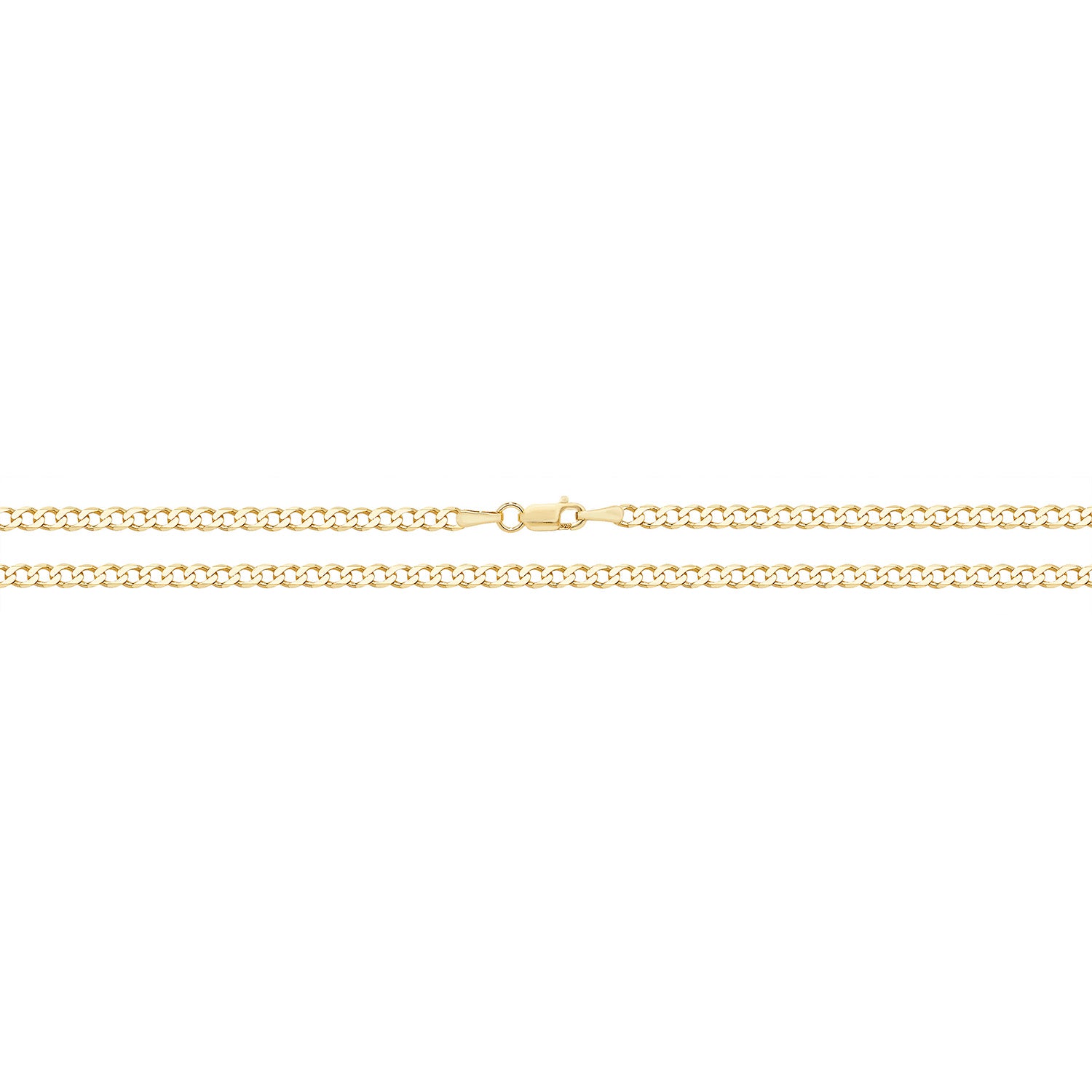 The 9CT GOLD 20" DIAMOND CUT FLAT CURB CHAIN features a yellow gold flat curb link design and a lobster clasp, shown horizontally against a white background.