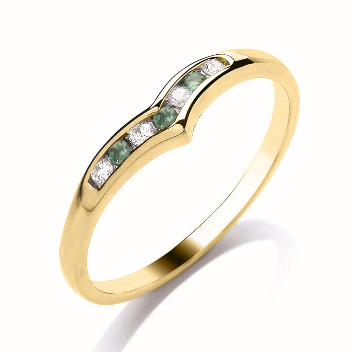 The 9ct Yellow Gold Diamond and Emerald Wishbone Ring 0.06ct features a gentle chevron shape set with alternating green emeralds and clear diamonds—perfect as a shaped wedding band or a delicate statement piece.
