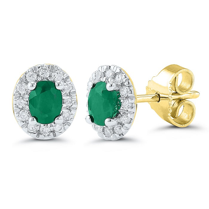 Discover elegance with 9CT Ladies Yellow Gold Diamond and Emerald Oval Stud Earrings, featuring oval green emeralds surrounded by diamond halos—an ideal certified choice for stylish sophistication.