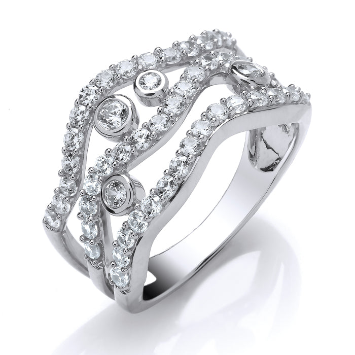 The 9CT White Gold Ladies Diamond Wave Ring 1.00ct features multiple wavy white gold bands set with small round diamonds and three larger bezel-set stones.