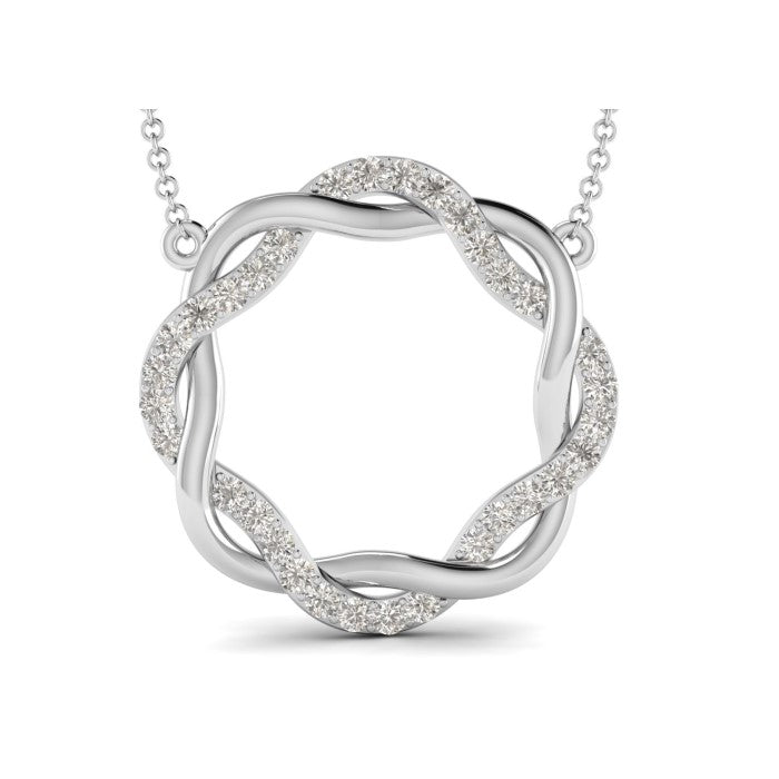 9ct White Gold Round Entwined Diamond Pendant with chain, featuring an elegant circular design and approx. 0.17cts of sparkling diamonds for a refined, timeless look.