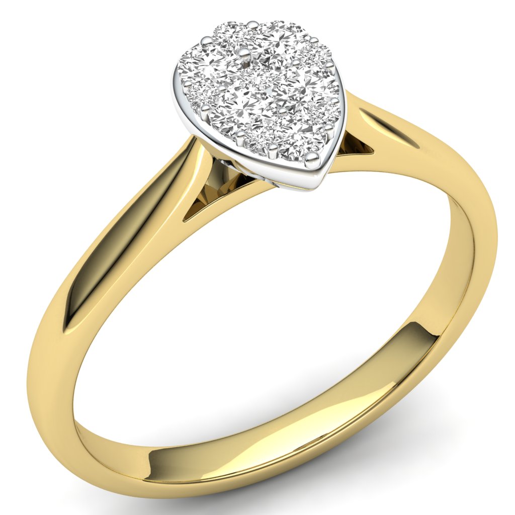 9ct Yellow Gold Pear shape Diamond Ring 0.25ct with a pear-shaped cluster of diamonds invisibly set on top, enhancing its brilliance.