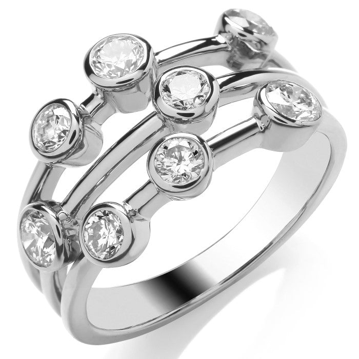 A certified 9ct white gold ladies ring with three rows, featuring rub-over settings and 1.00ct of diamonds.