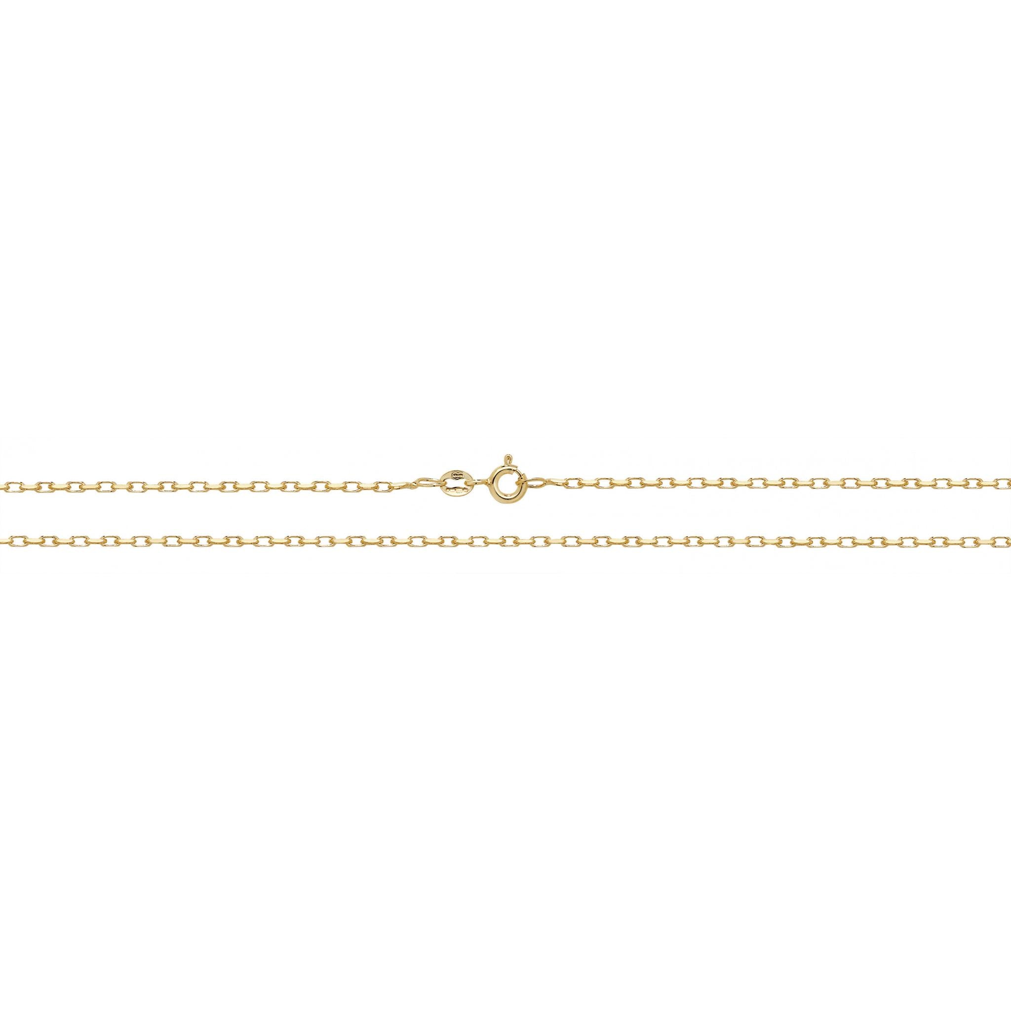 A 9ct gold 14" children's diamond cut belcher chain with small oval links and a spring ring clasp is displayed horizontally against a white background.