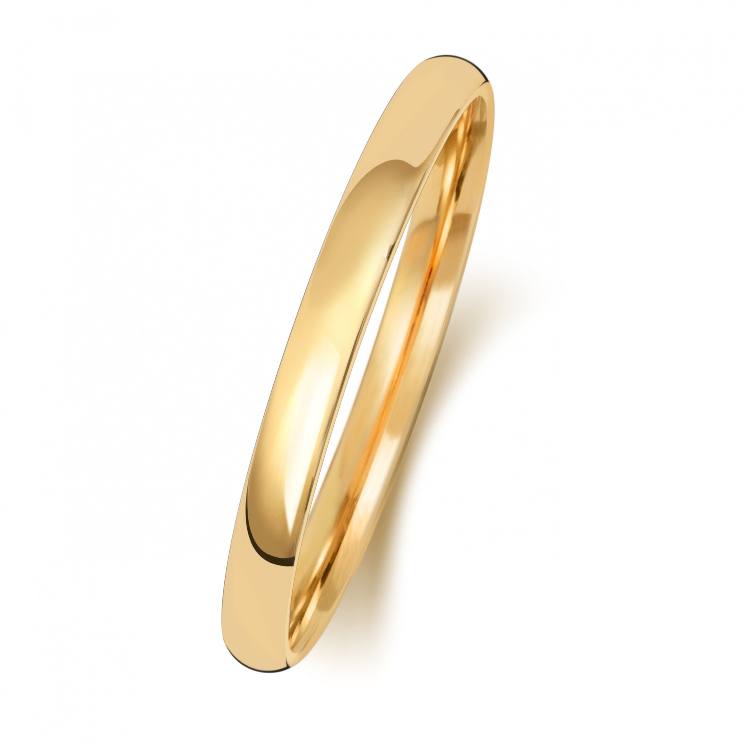 The 9CT GOLD 2MM YELLOW SLIGHT COURT WEDDING RING features a simple, polished design with a smooth, rounded surface, displayed against a white background.