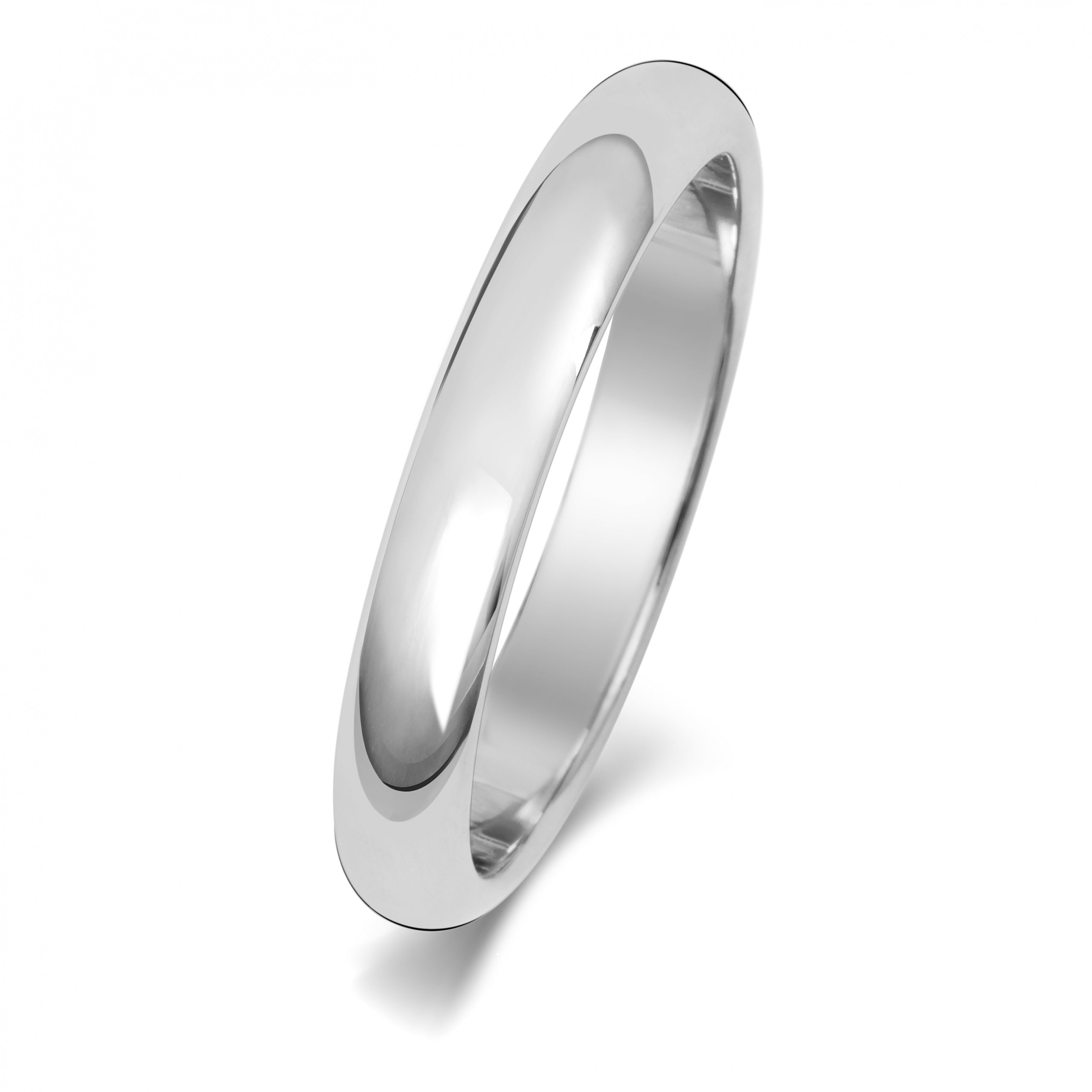 The 9CT WHITE GOLD 3MM D SHAPE WEDDING RING features a plain, polished band with a smooth, rounded profile, elegantly photographed on a white background.