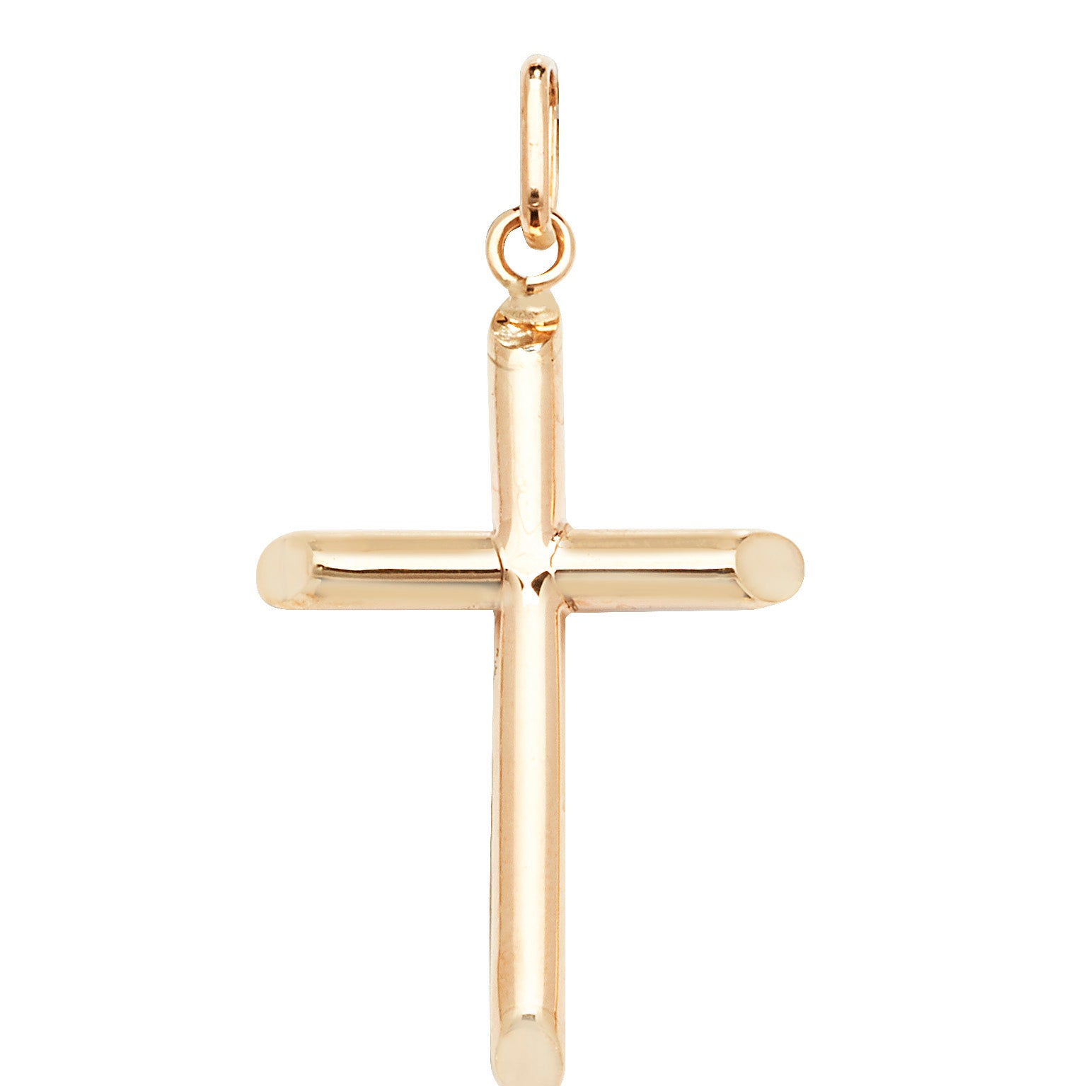 The 9CT GOLD TUBE CROSS PENDANT features smooth, rounded edges and a small loop for attaching to a chain, displayed against a white background.