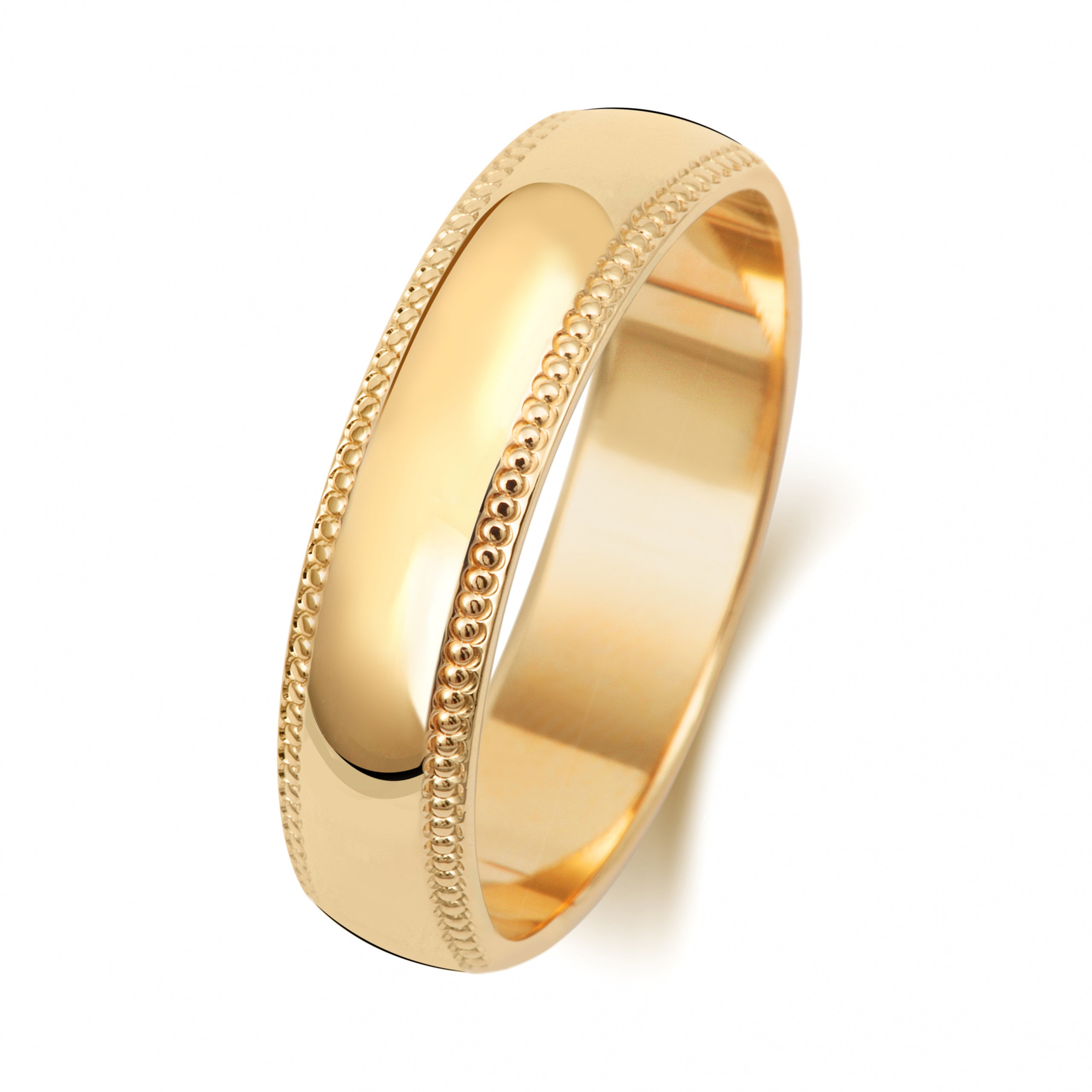 The 9CT GOLD 5MM D SHAPE MILLGRAIN EDGE WEDDING RING features polished yellow gold with a millgrain beaded edge, displayed on a white background.