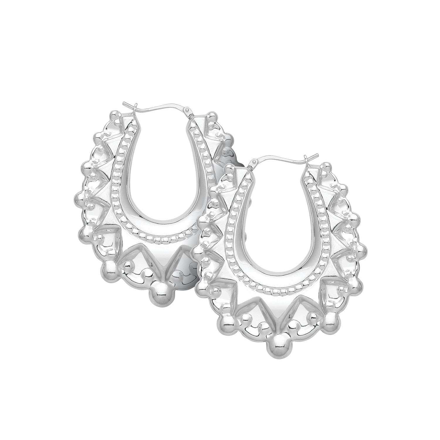 Sterling Silver Ladies Large Oval Spike Creole Earrings with detailed cut-out design and rounded edge accents—ideal for fans of bold, ornate earring styles.
