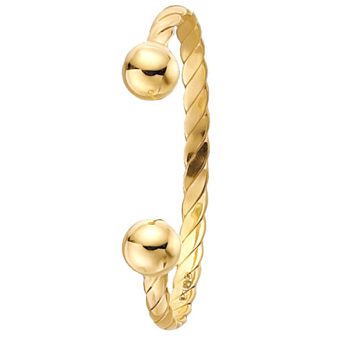 The 9CT GOLD BABY TORQUE TWIST STYLE BANGLE features a 9ct yellow gold design with two round ball ends, shown against a white background.