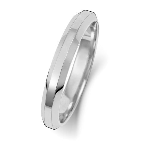 A 9CT white gold 3mm wedding ring with bevelled edges and a minimalist design, shown at an angle on a white background.