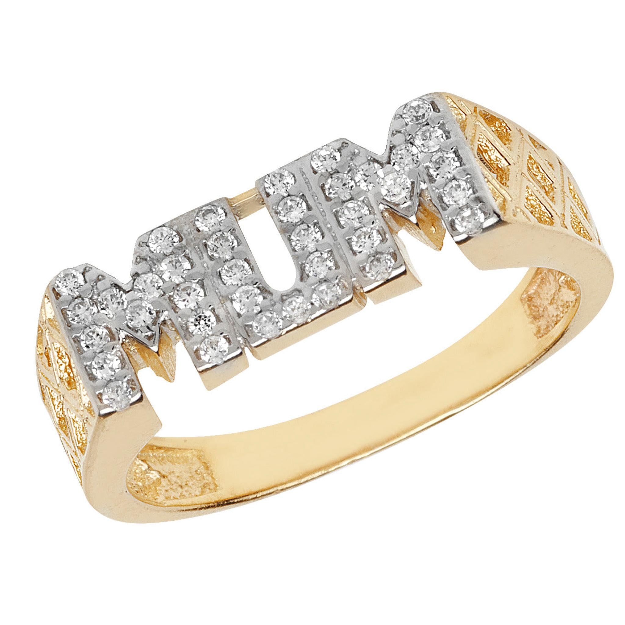 9CT gold cubic zirconia basket weave MUM ring with "MUM" in bold capitals on top, sparkling CZ stones, and elegant basket weave sides for stylish detail.
