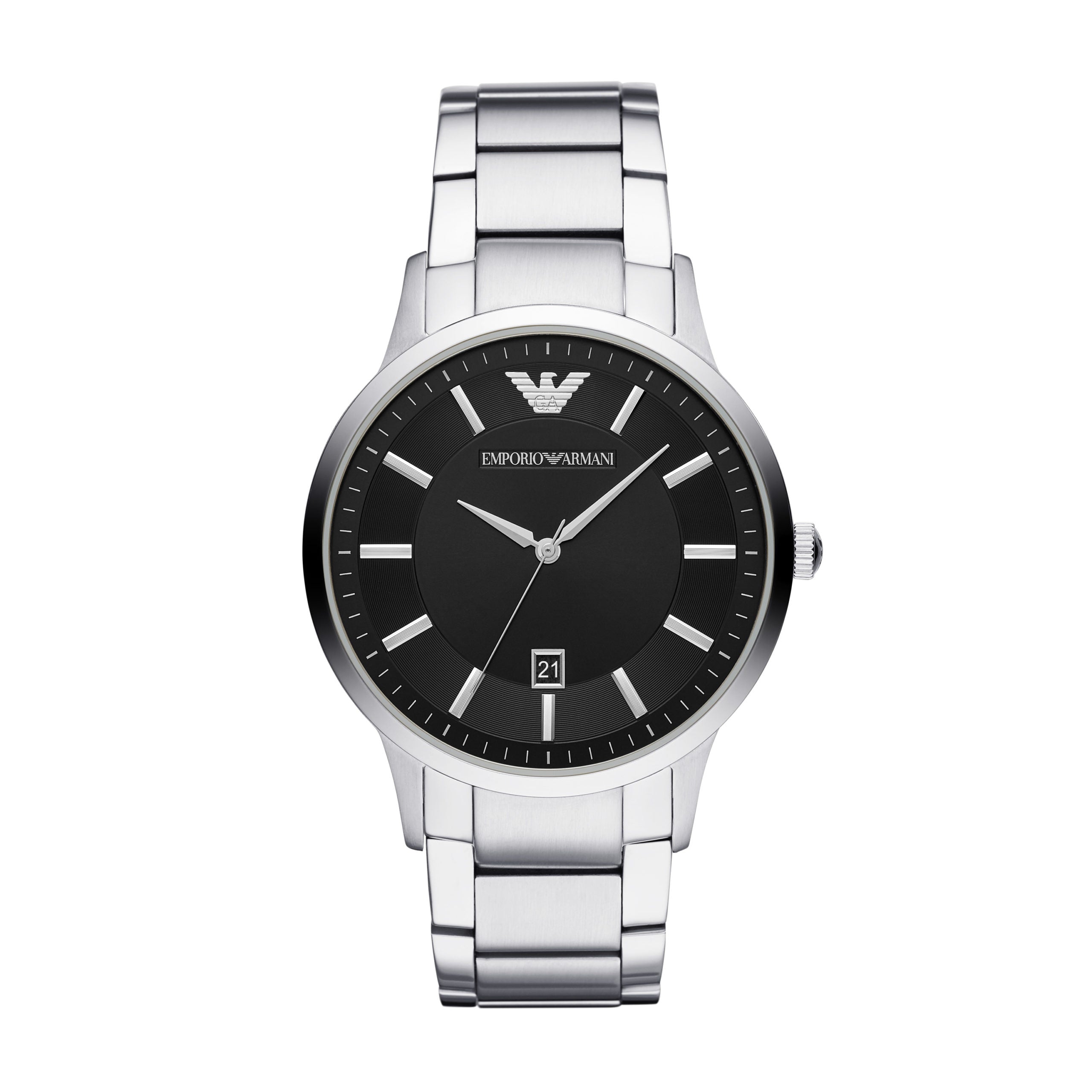 The Emporio Armani AR11181 Gents Date Bracelet Strap Silver Tone Watch features a silver stainless steel bracelet, black dial, silver hour markers, water resistance, and a date display at 6 o’clock.