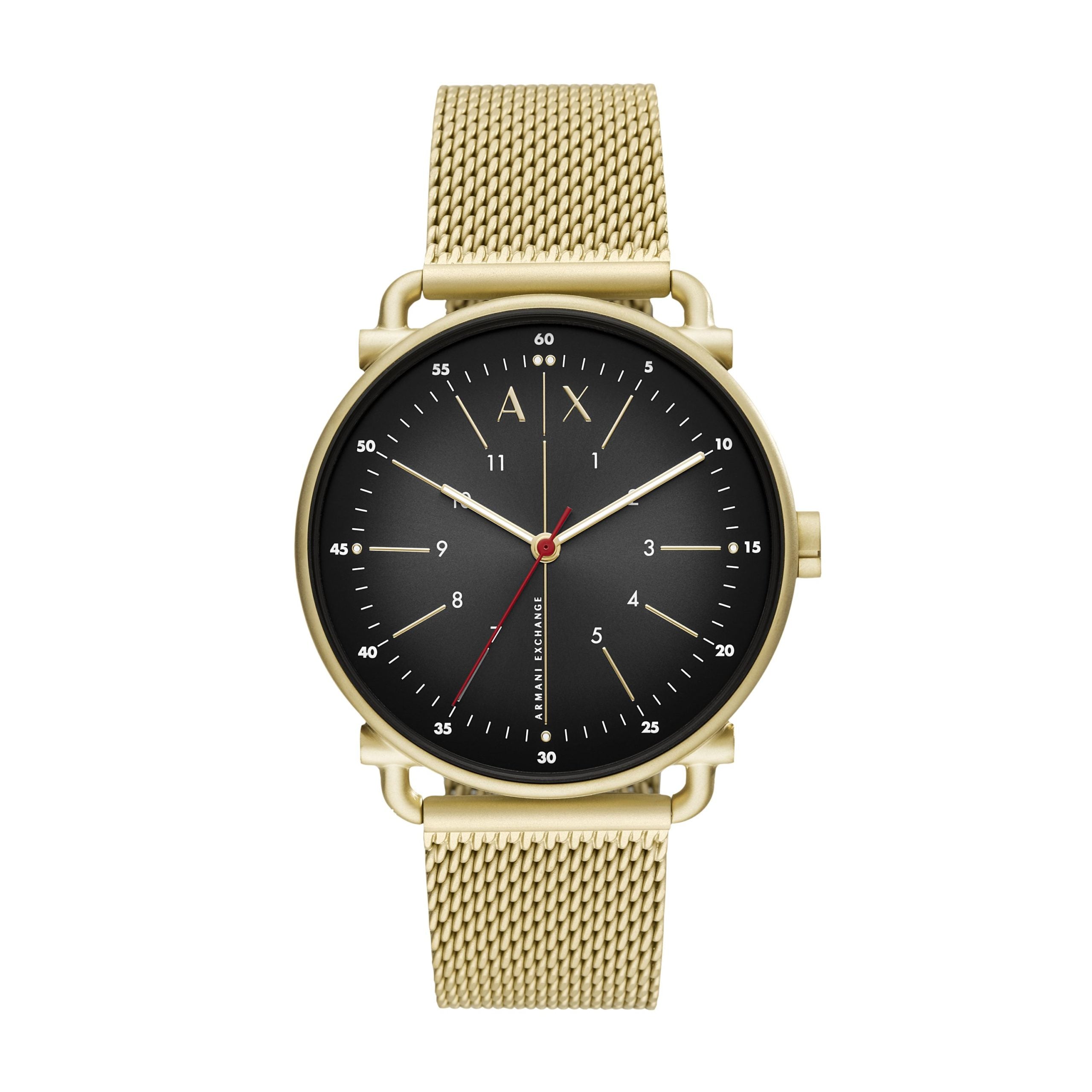 The Armani Exchange Men's Gold Tone Rocco Watch AX2901 features a mesh band, black round face, minimalist hour markers, red second hand, "A|X" branding at 12 o'clock, and displays the time 10:10:35.