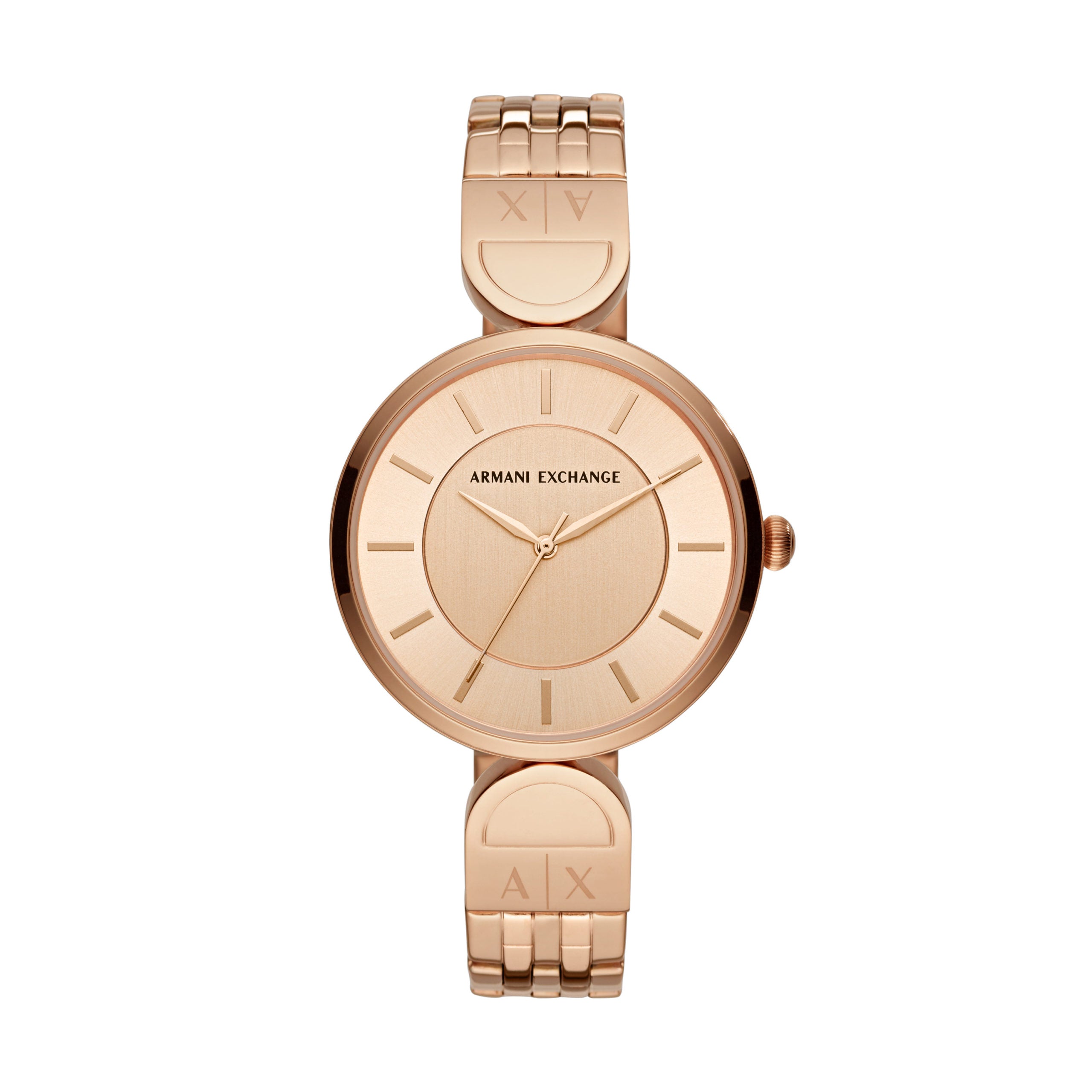 The Armani Exchange AX5328 Brooke is a ladies' rose gold tone watch with a round face, minimalist hour markers, and a stainless steel bracelet featuring "AX" logos near the face.