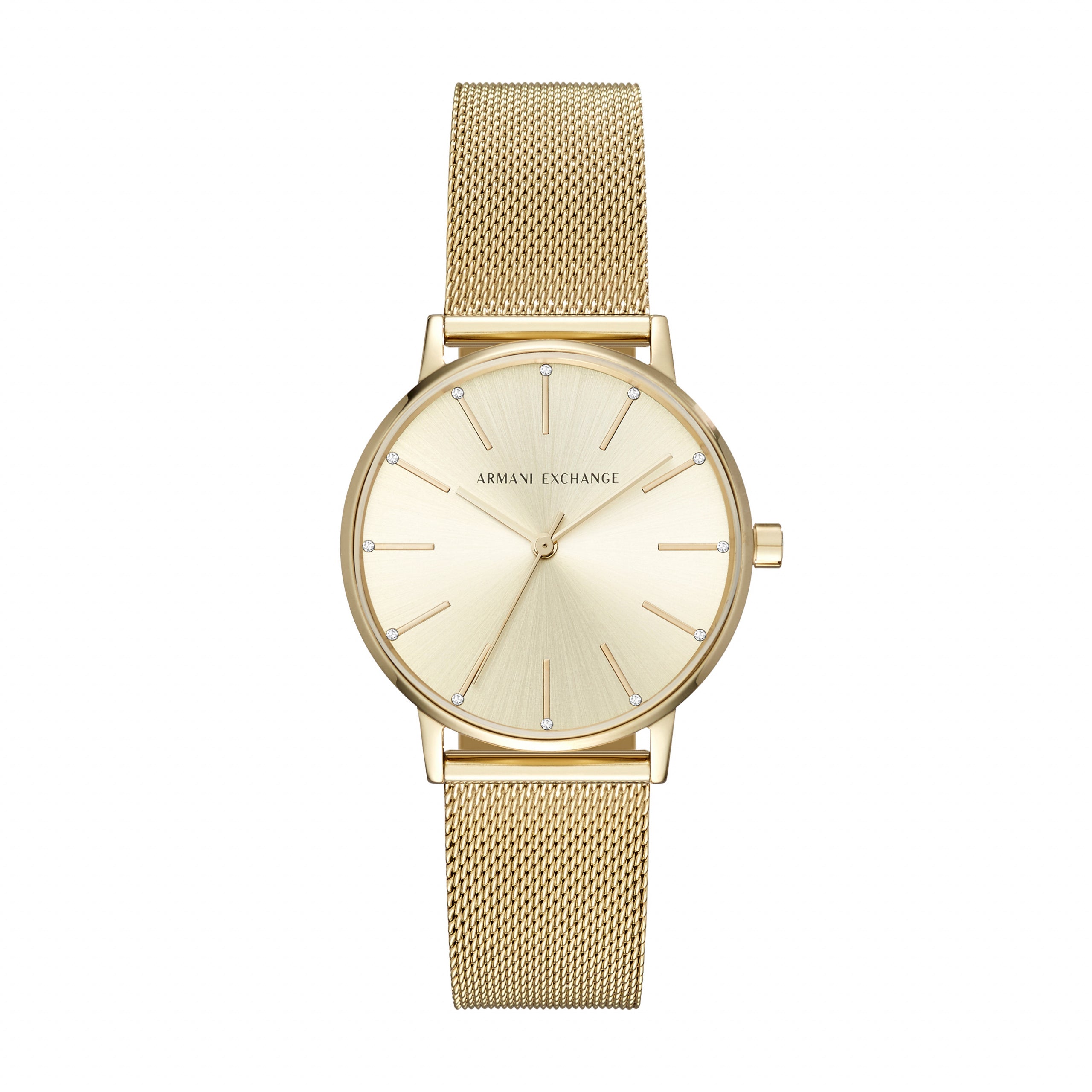 The Armani Exchange Ladies Rose Gold Tone AX5536 Watch features a mesh band, minimalist dial, and simple hour markers on a white background.