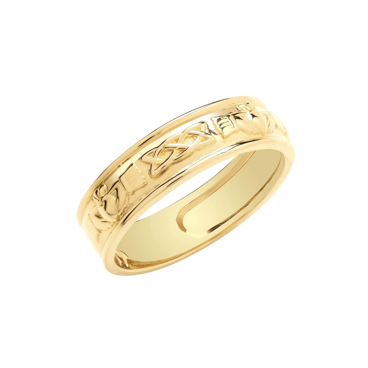 Gold ring with intricate design on a white background