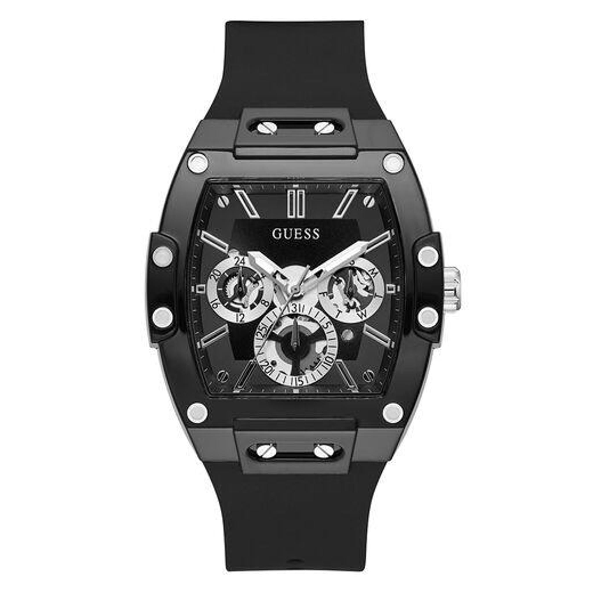 The Guess Gent's Phoenix Watch GW0203G3 is a men's black silicone tone watch featuring a black dial and strap, combining sleek style with the signature GUESS look.