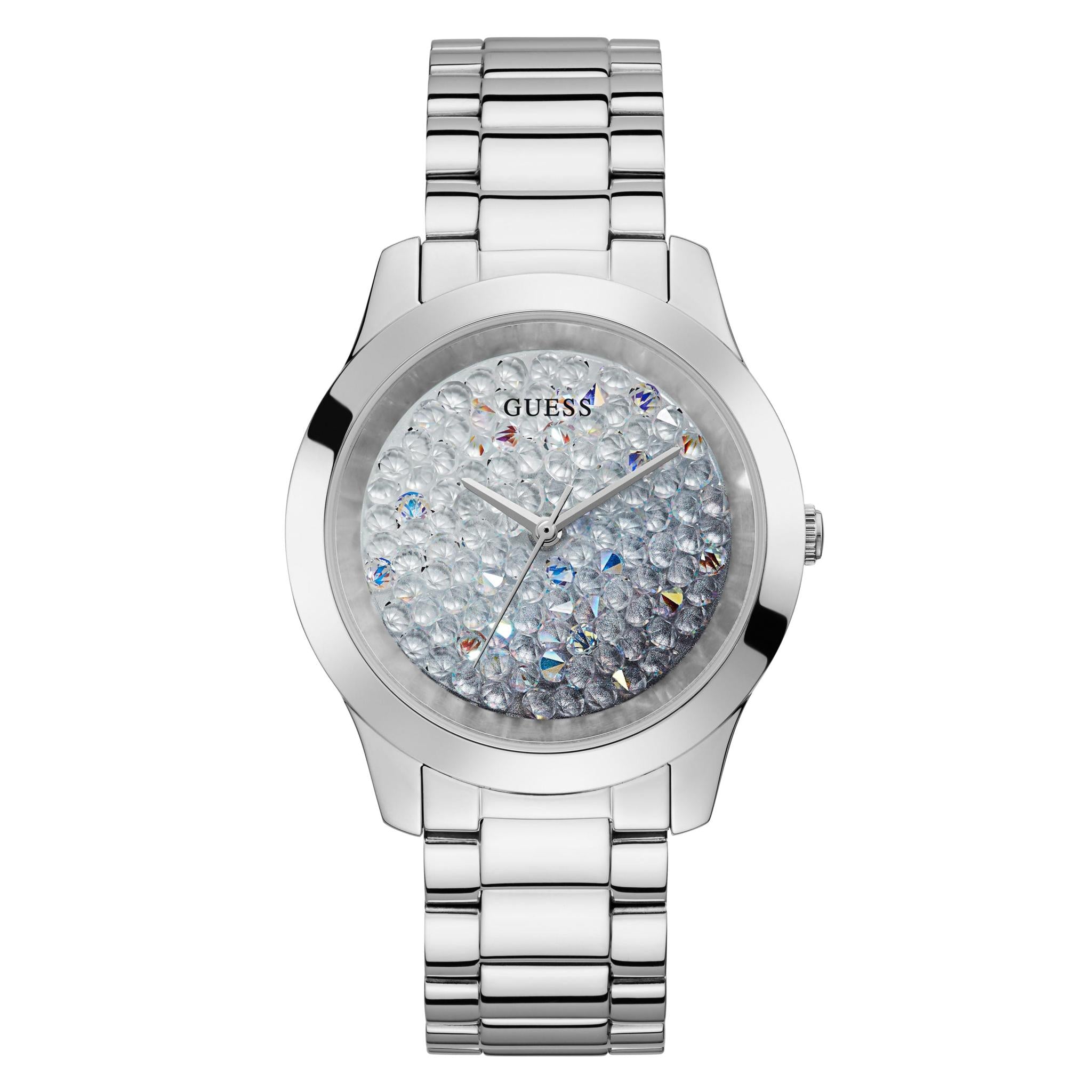 The Guess GW0020L1 Ladies Crush Silver Tone Watch features a metal link band and a Swarovski Crystal-studded dial with hour, minute, and second hands.