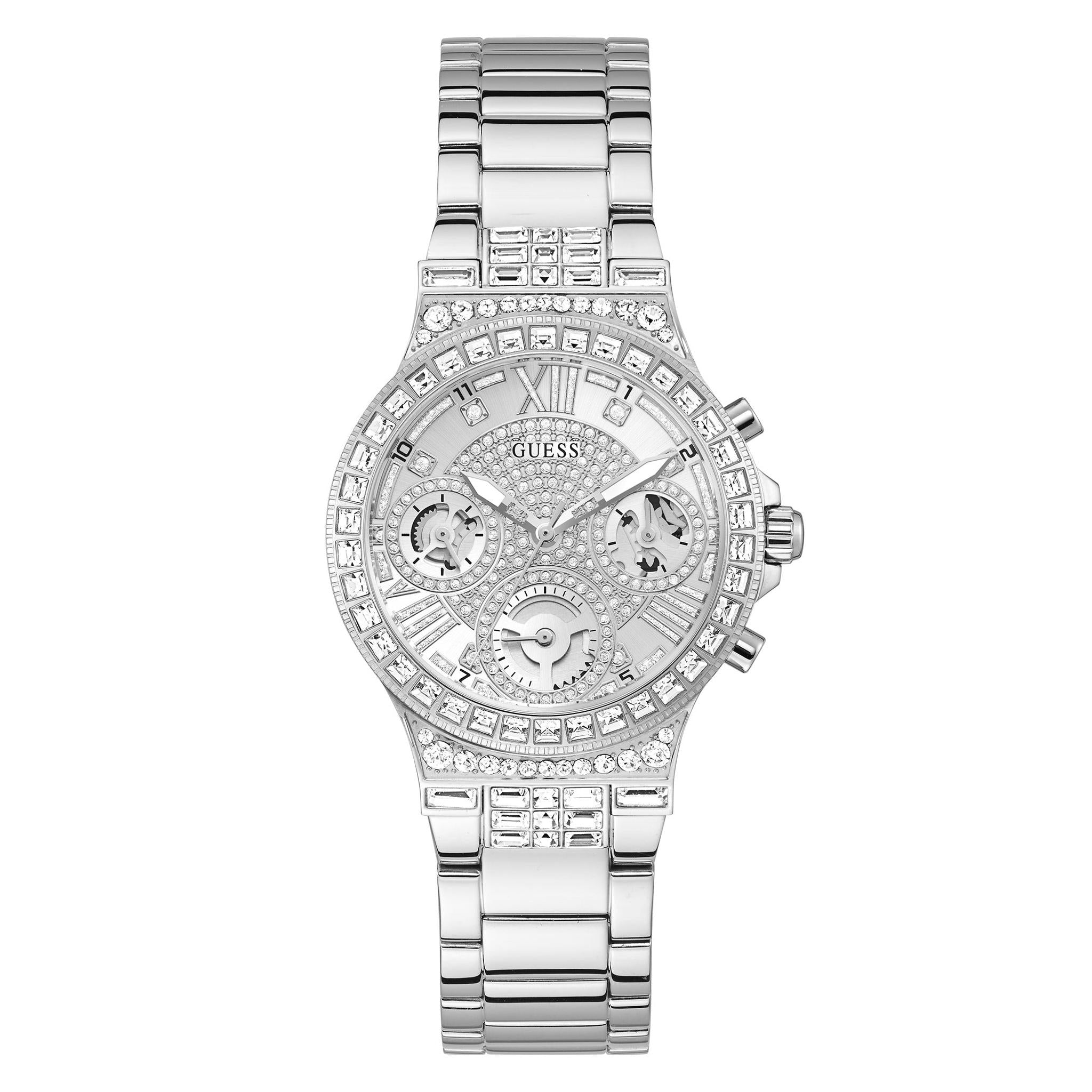 The Guess GW0320L1 Women's Moonlight watch features a silver-tone stainless steel bracelet, sparkling crystal bezel, and three subdials for both style and functionality.