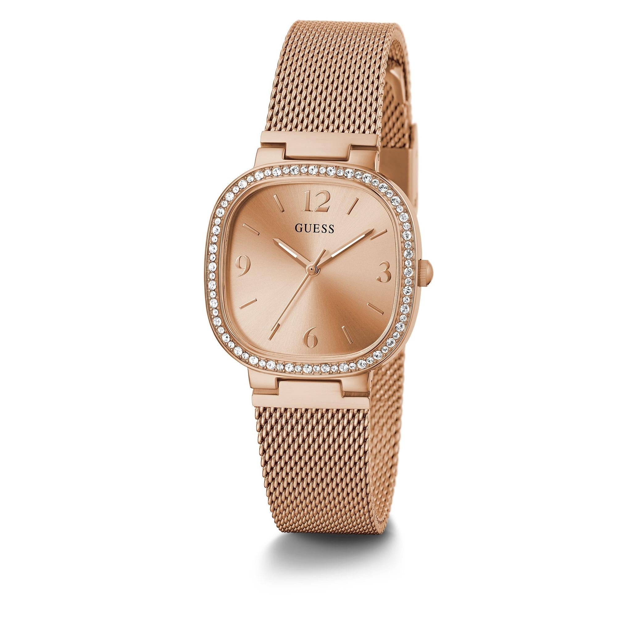 The Guess GW0354L3 Women's Tapestry Rose Gold Tone Mesh Strap Wristwatch features a crystal-accented bezel and minimalist dial, making it a refined accessory for elegant style.