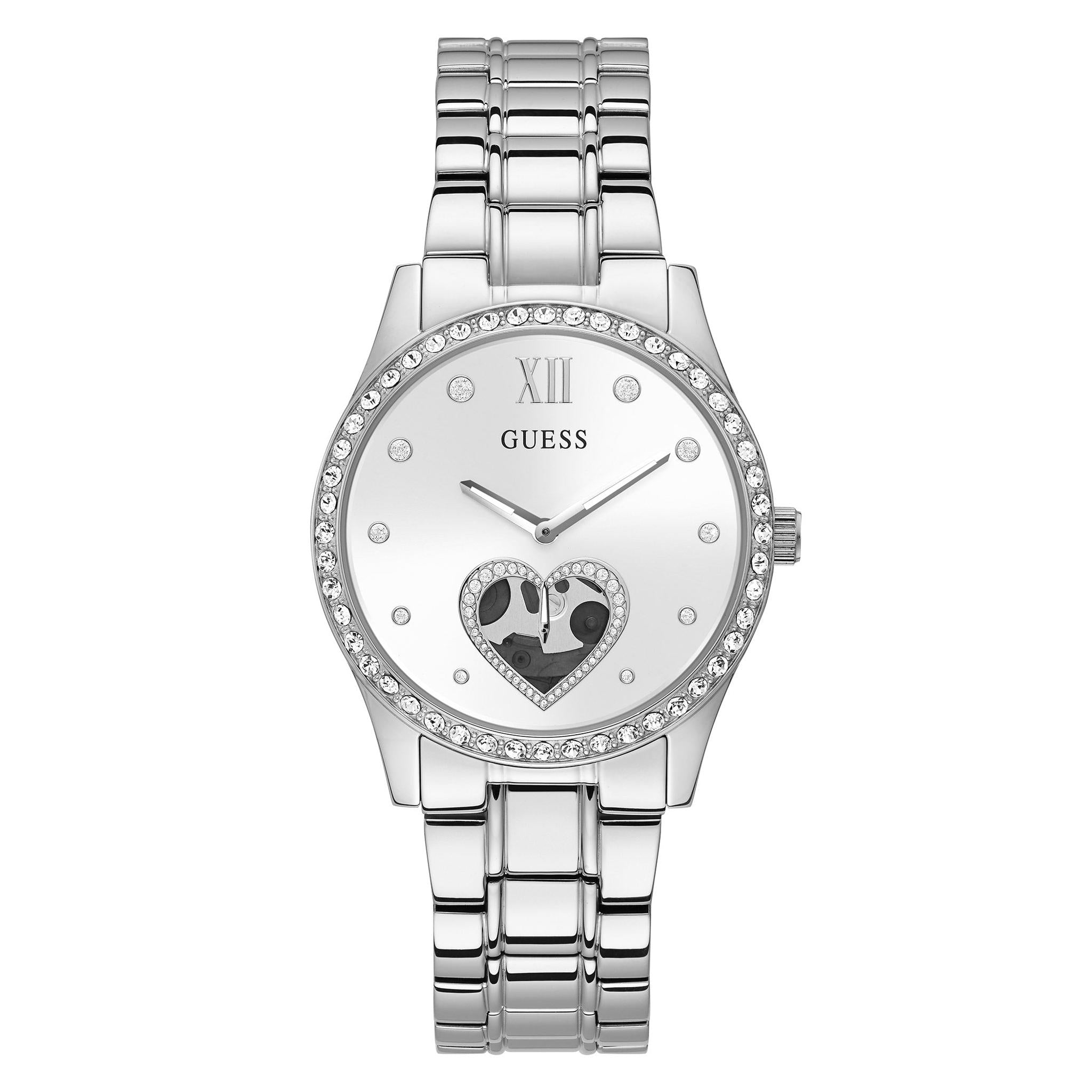 The Guess GW0380L1 Ladies Be Loved watch features a silver-tone stainless steel bracelet, crystal-set bezel, simple dial, and a heart-shaped open window displaying the mechanism.