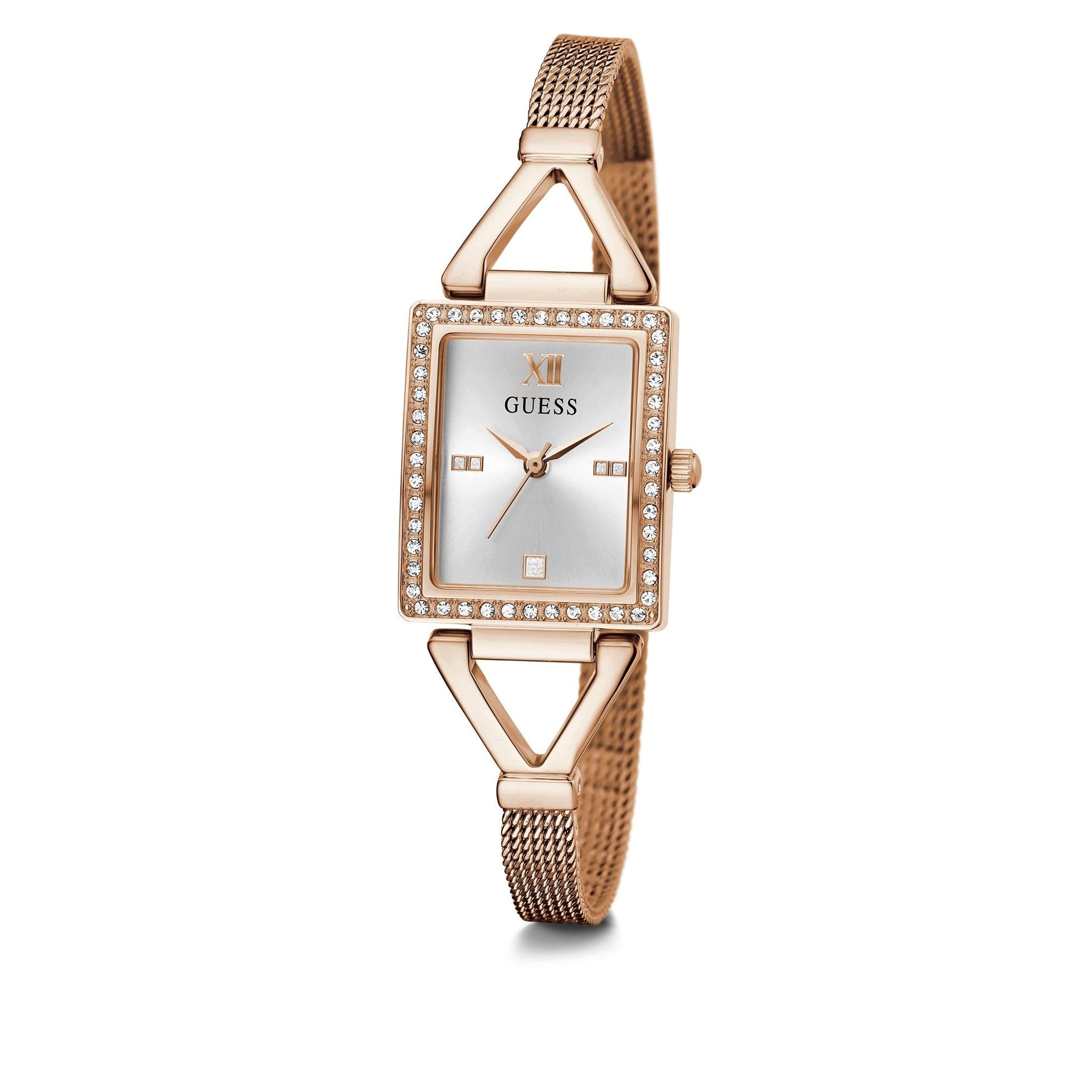 The Guess Ladies GW0400L3 Grace Rose Gold Tone Watch features a rectangular face, crystal-set bezel, mesh band, minimalist dial markers, and a single Roman numeral at 12 o'clock.