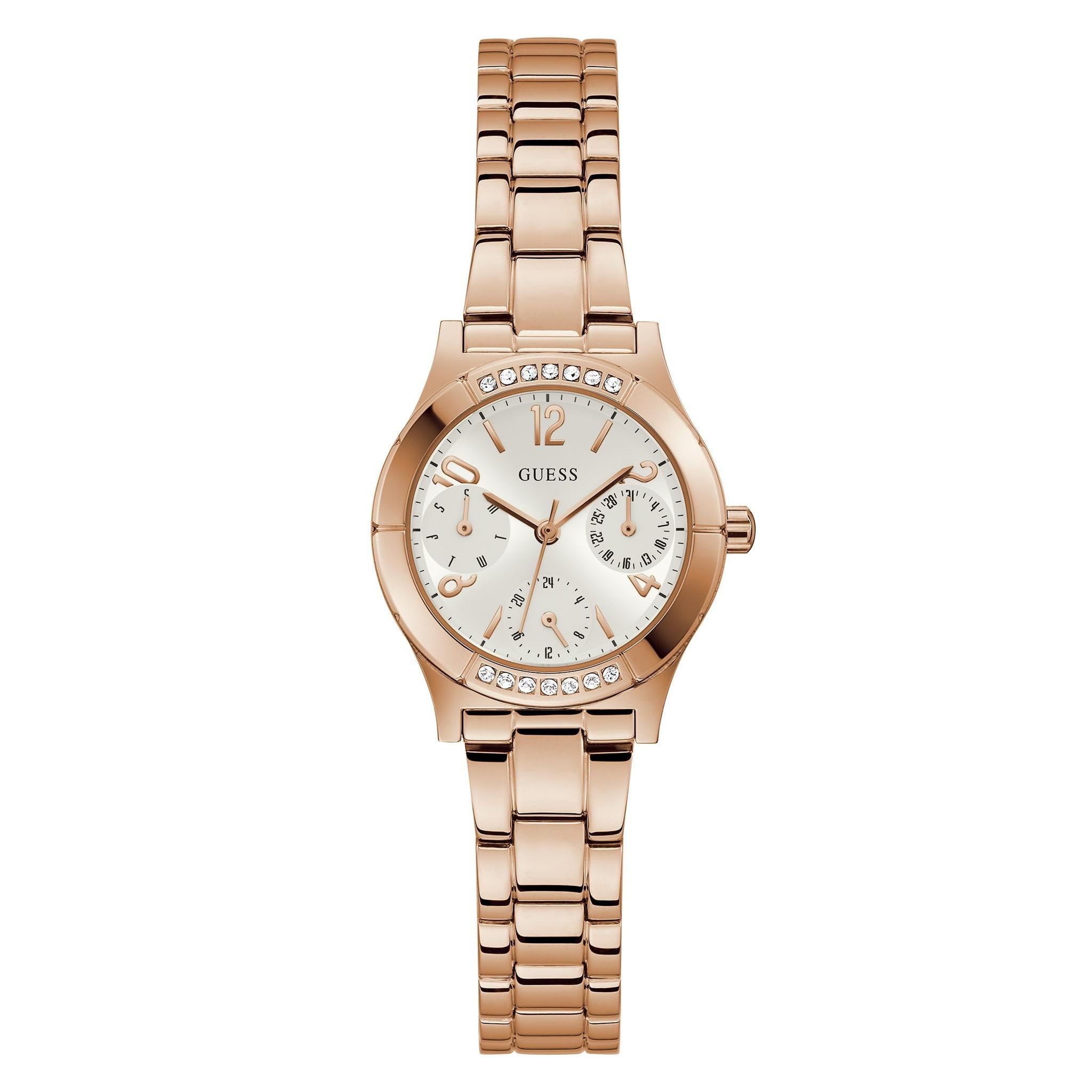 The Guess GW0413L3 Ladies Piper watch features a rose gold-tone stainless steel bracelet, crystal bezel, round face with three subdials, and offers an elegant look.