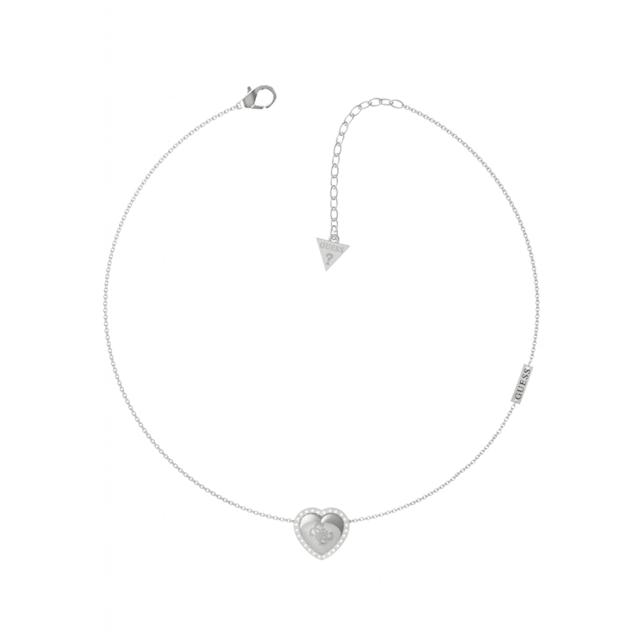 The Guess Jewellery Thats Amore 4G Silver Tone Necklace UBN01066RH features a thin adjustable chain and a central heart-shaped pendant—an elegant Heart Charm Necklace for any occasion.