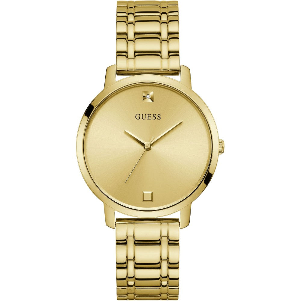 The Guess Ladies Nova Gold Tone Watch W1313L2 features a round face, gold hands, minimal hour markers, a crystal dial, and a stylish linked stainless steel bracelet.