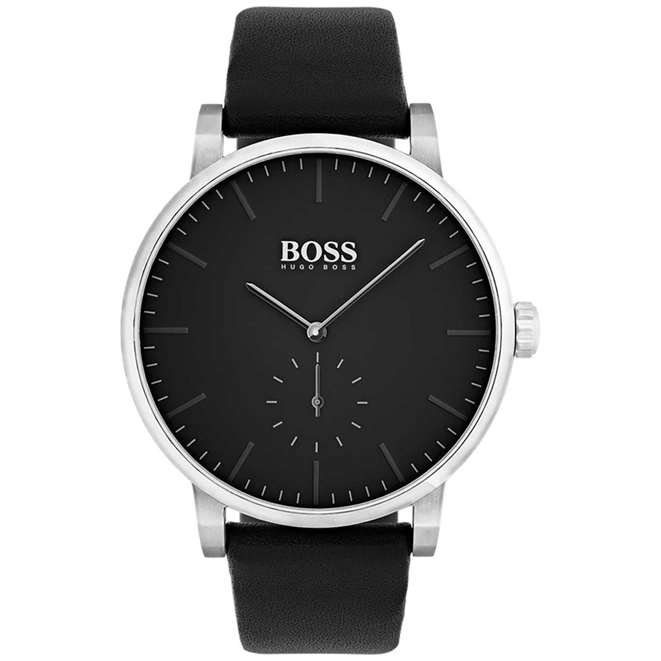 The Hugo Boss 1513500 Essence Gents Watch is a minimalist timepiece with a black face, silver hour markers, black leather strap, small subdial, and silver case.