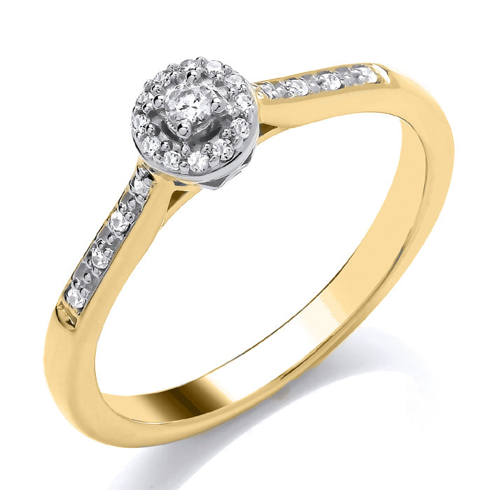 The 9ct Yellow Gold Brilliant Cut Halo Diamond Ring features a round diamond cluster at the center and stone-set shoulders, with an approximate total diamond weight of 0.10cts.