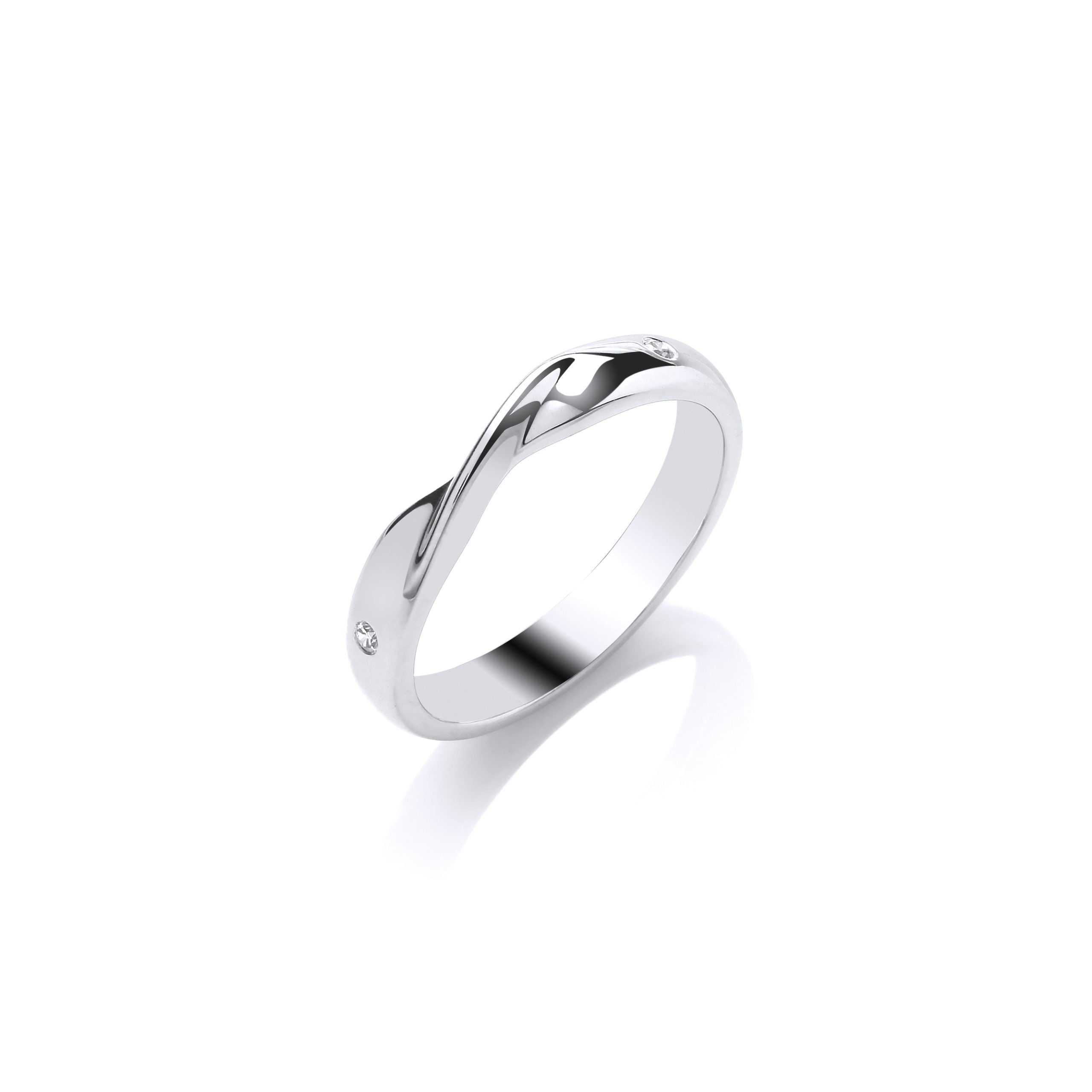 A 9ct white gold crossover band with a subtle wave design and two small round diamonds (0.03ct total), photographed on a white background—an elegant engagement ring inspired by the White Gold Diamond Band style.