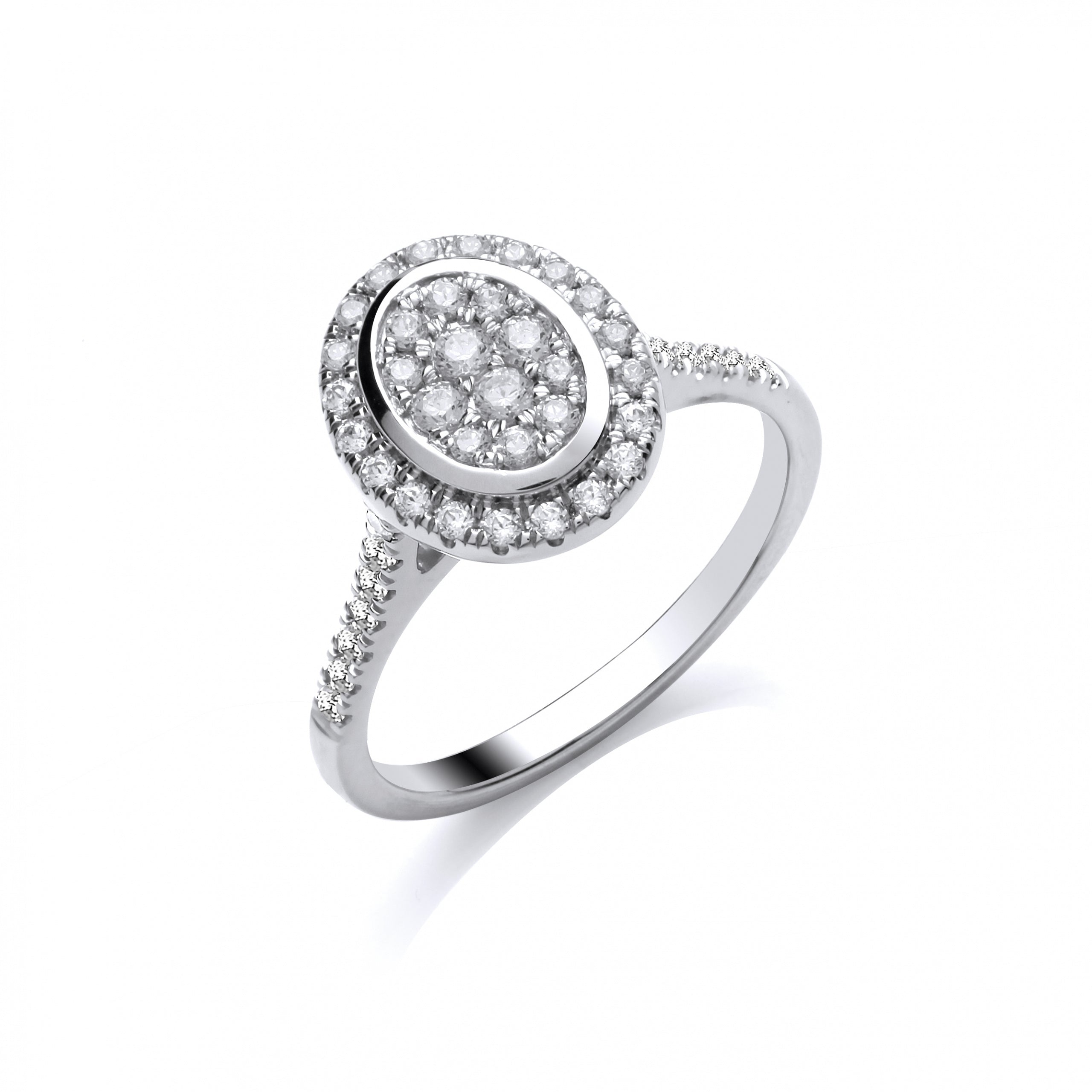 The 9ct White Gold Oval Diamond Ring 0.50ct showcases a cluster of center diamonds with a double oval halo and diamond-set band—an elegant engagement ring choice.
