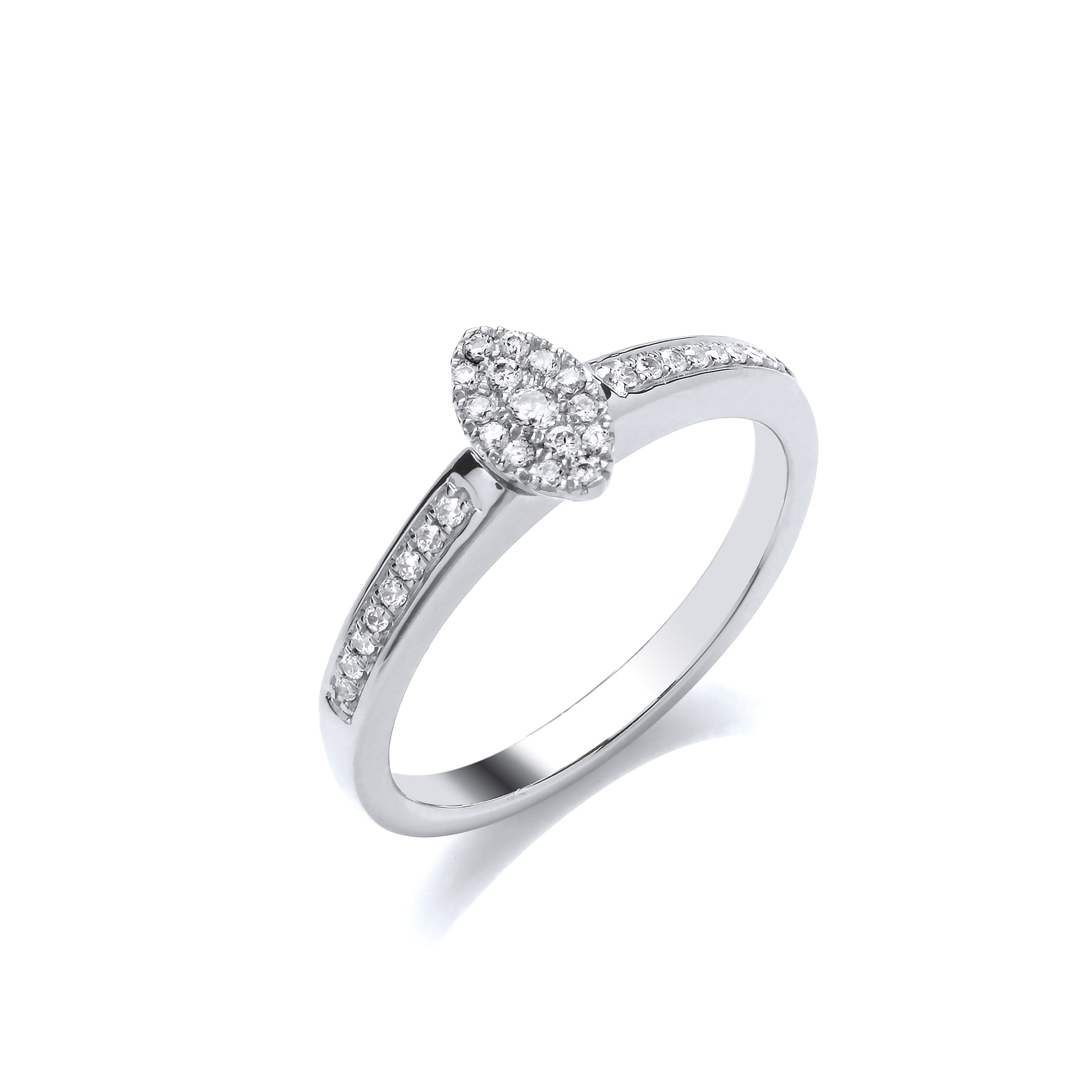 The 9ct White Gold Diamond Marquise Cluster 0.14ct ring features a marquise-shaped cluster of brilliant cut diamonds with additional stones on the band. An SGL Certificate is included for authenticity.