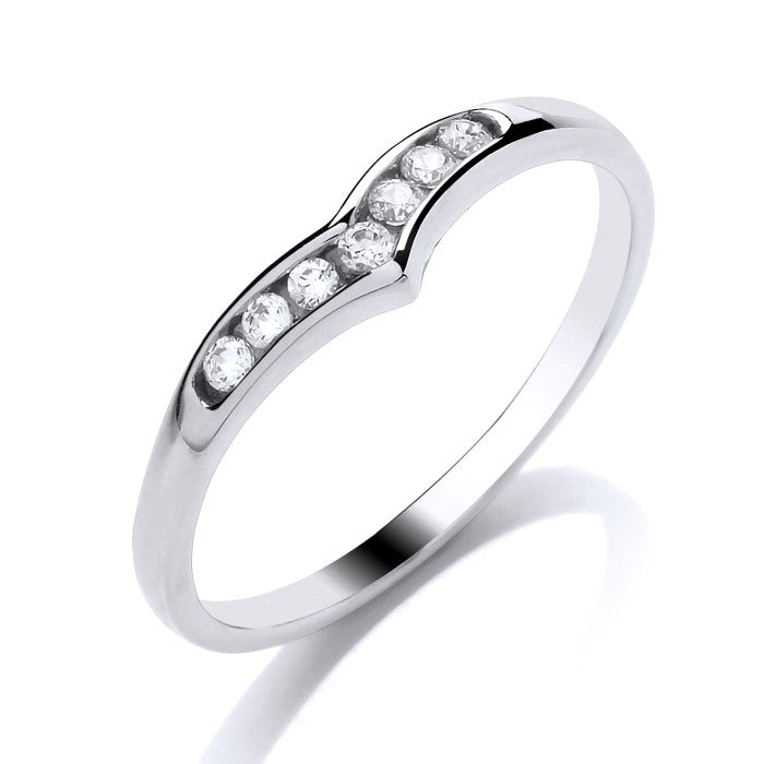 The 9ct White Gold Wishbone Diamond Ring 0.11ct features a graceful V-shaped curve adorned with seven round diamonds set along the top.