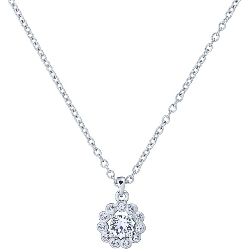 The TED BAKER Lramza Silver Finish Daisy Pendant Necklace (TBJ2304-01-02) features a round daisy design set with a central Swarovski crystal, surrounded by smaller stones, and offers an adjustable length for the perfect fit.
