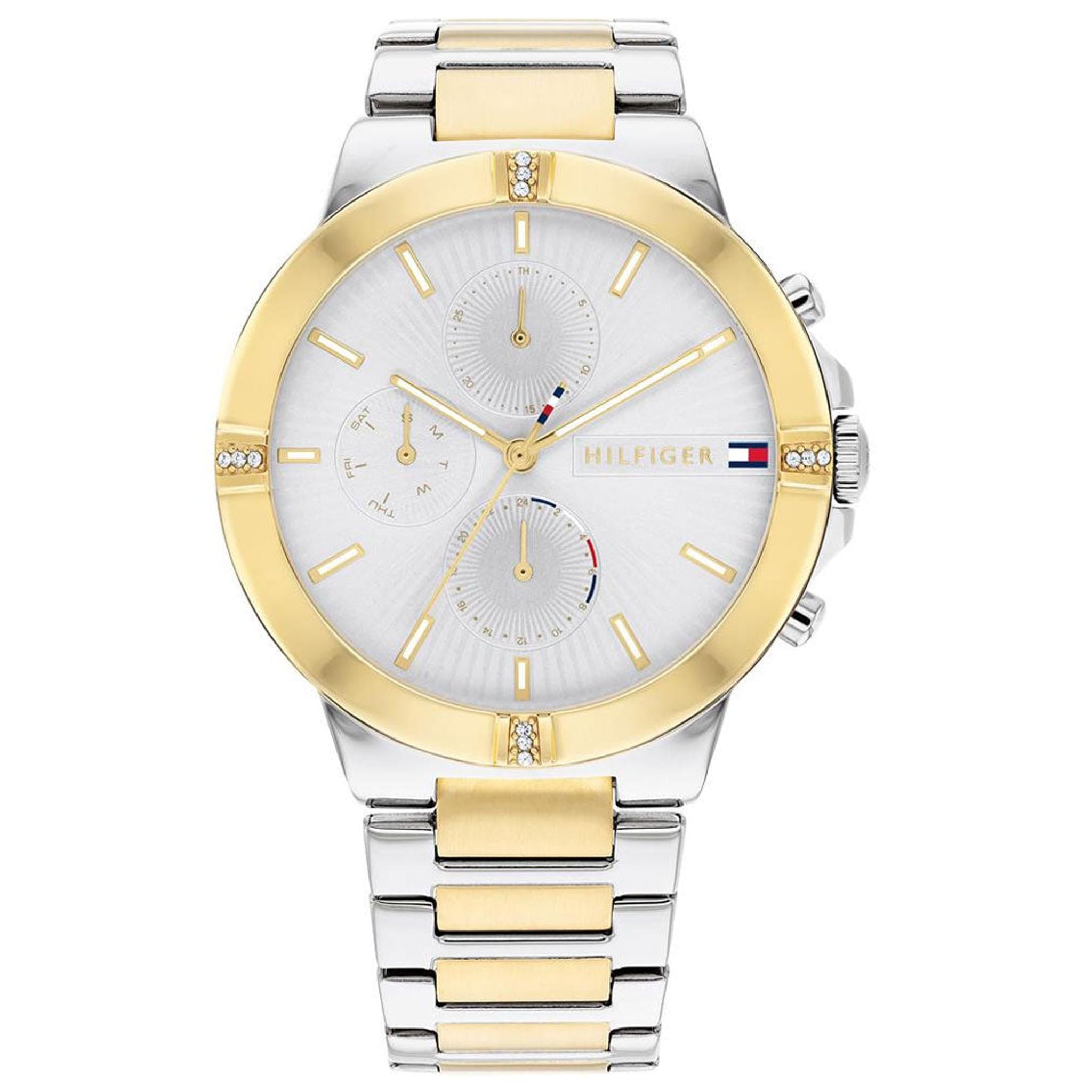 The TOMMY HILFIGER TALIA 1782370 ladies watch features a two tone stainless steel bracelet, white dial with gold accents, three subdials, and a crystal set gold bezel for elegance.