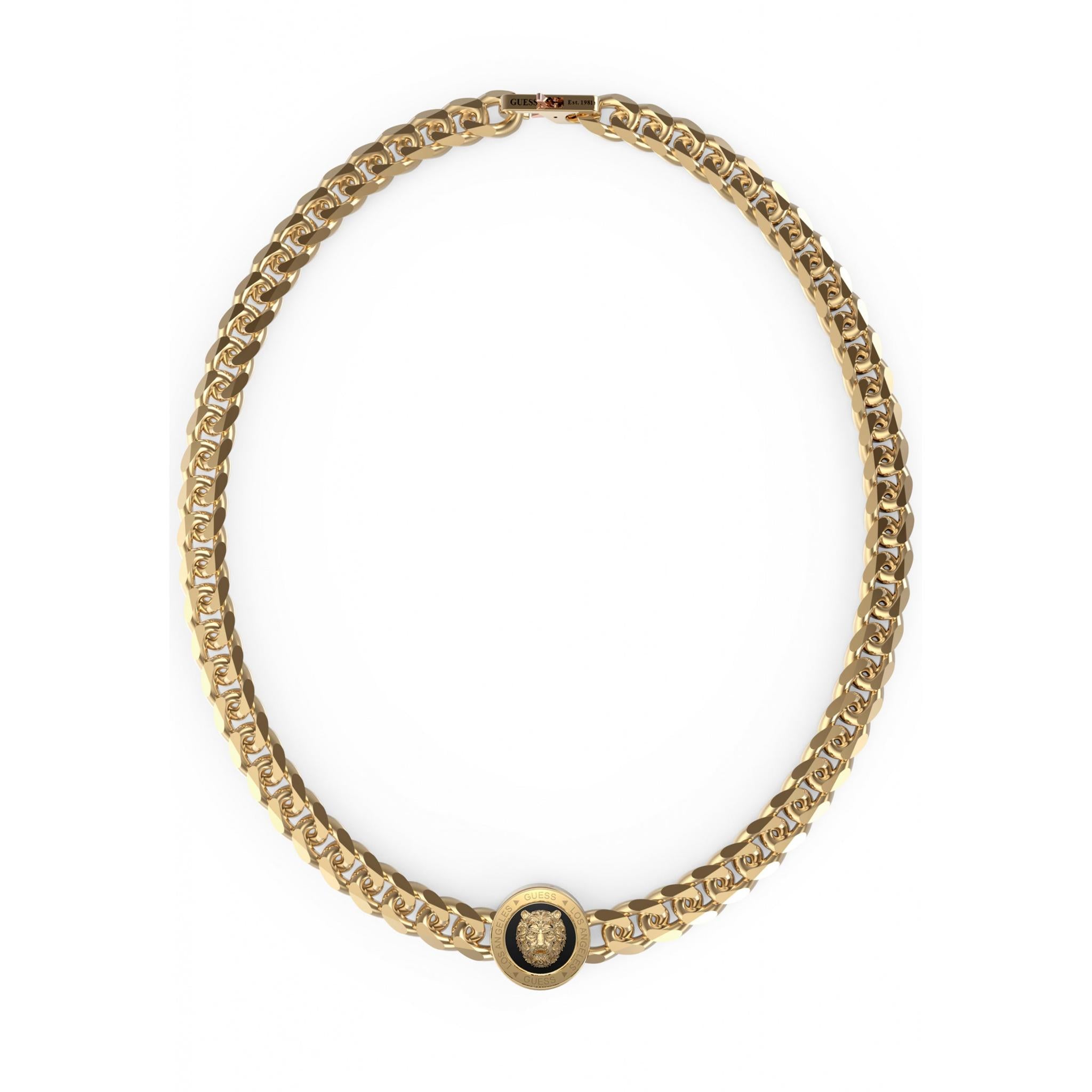 GUESS JEWELLERY UMN01313YGBK gents yellow gold tone necklace with a 21'' bold curb chain and circular lion disc medallion featuring an engraved head motif at the center.