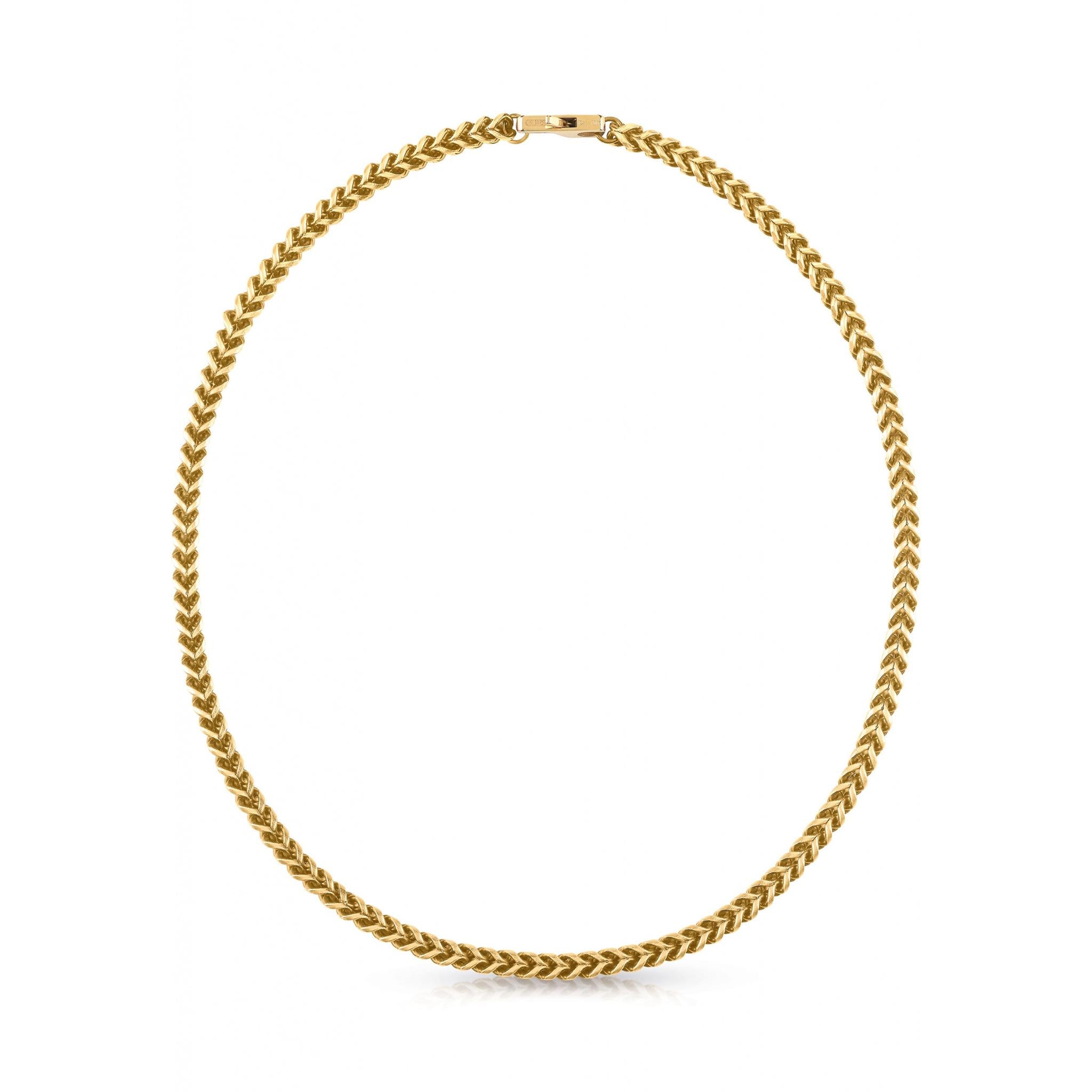 The Guess UMN01337YG Gents My Chains Gold Tone 21" Necklace features a bold chevron link pattern in yellow gold, displayed in an oval shape on a white background—perfect for elevating any men's style.