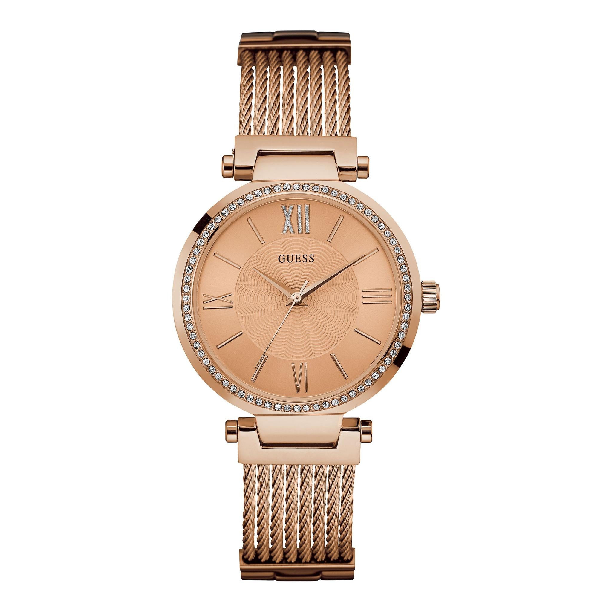 The Guess W0638L4 Ladies Rose Gold Tone Soho Watch features a mesh band, Swarovski crystal accents around the bezel, and Roman numeral markers on the dial.