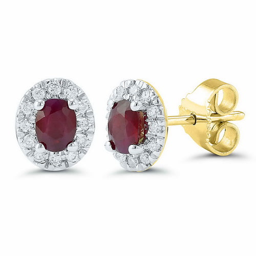 9CT Ladies Yellow Gold Diamond and Ruby Oval Stud Earrings shown from the front and side, featuring oval red rubies surrounded by a halo of small clear stones.
