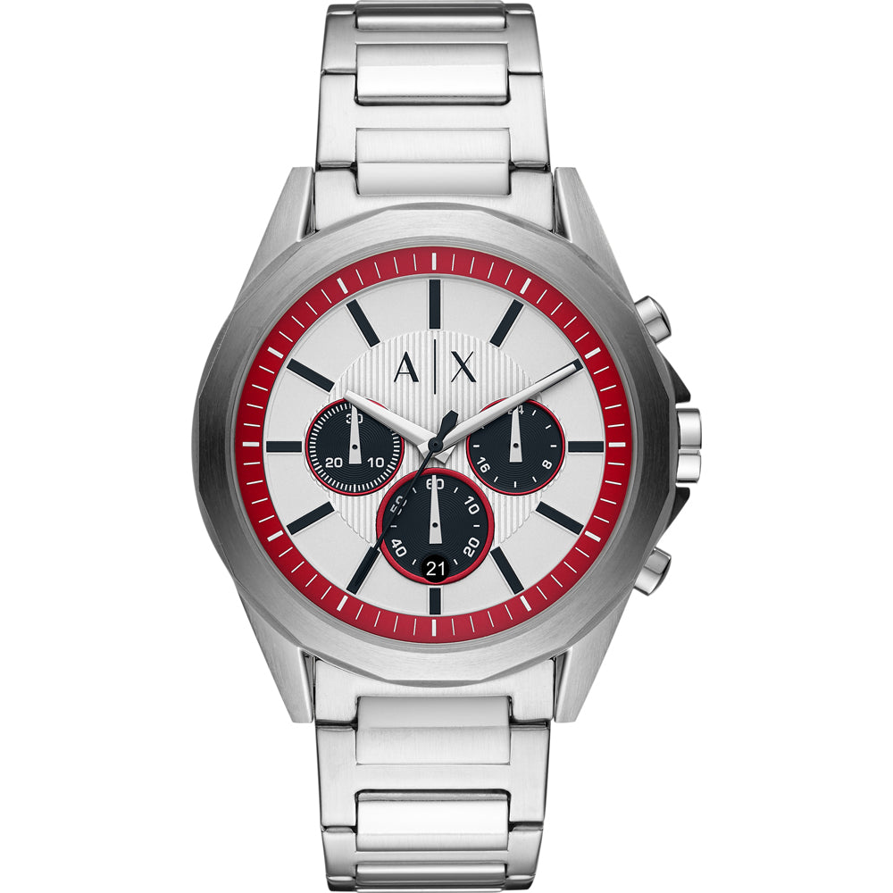 The Armani Exchange AX2646 Gents Silver Tone Drexler Chronograph Watch features a round face, red bezel, white dial with black subdials, silver link band, and the "AX" logo below 12 o’clock for a signature touch.