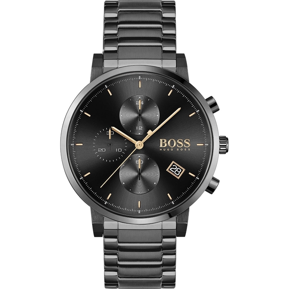 The HUGO BOSS 1513780 Mens Integrity Black Stainless Chronograph Watch features a round face, three subdials, date display, and "BOSS HUGO BOSS" signature on the dial.