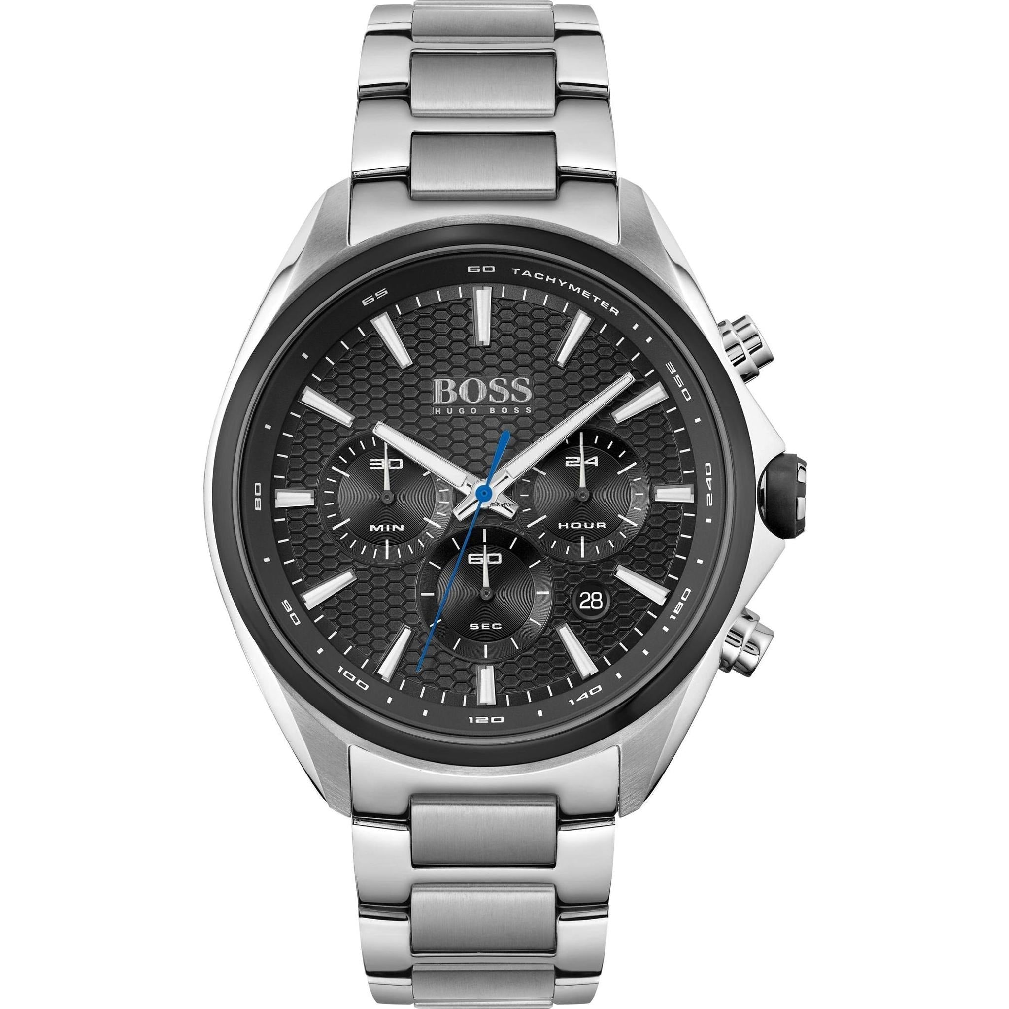 The Hugo Boss Distinct 1513857 is a chronograph watch with a matt and polished stainless steel case and bracelet, featuring a silver dial, black textured face, three sub-dials, and tachymeter markings.