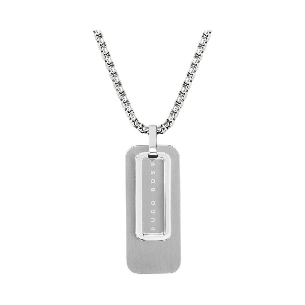 The Hugo Boss Gents 1580154 Dual Stainless Steel Dog Tags feature silver rectangular pendants engraved with the brand name, crafted in durable stainless steel and suspended on a sleek box chain.