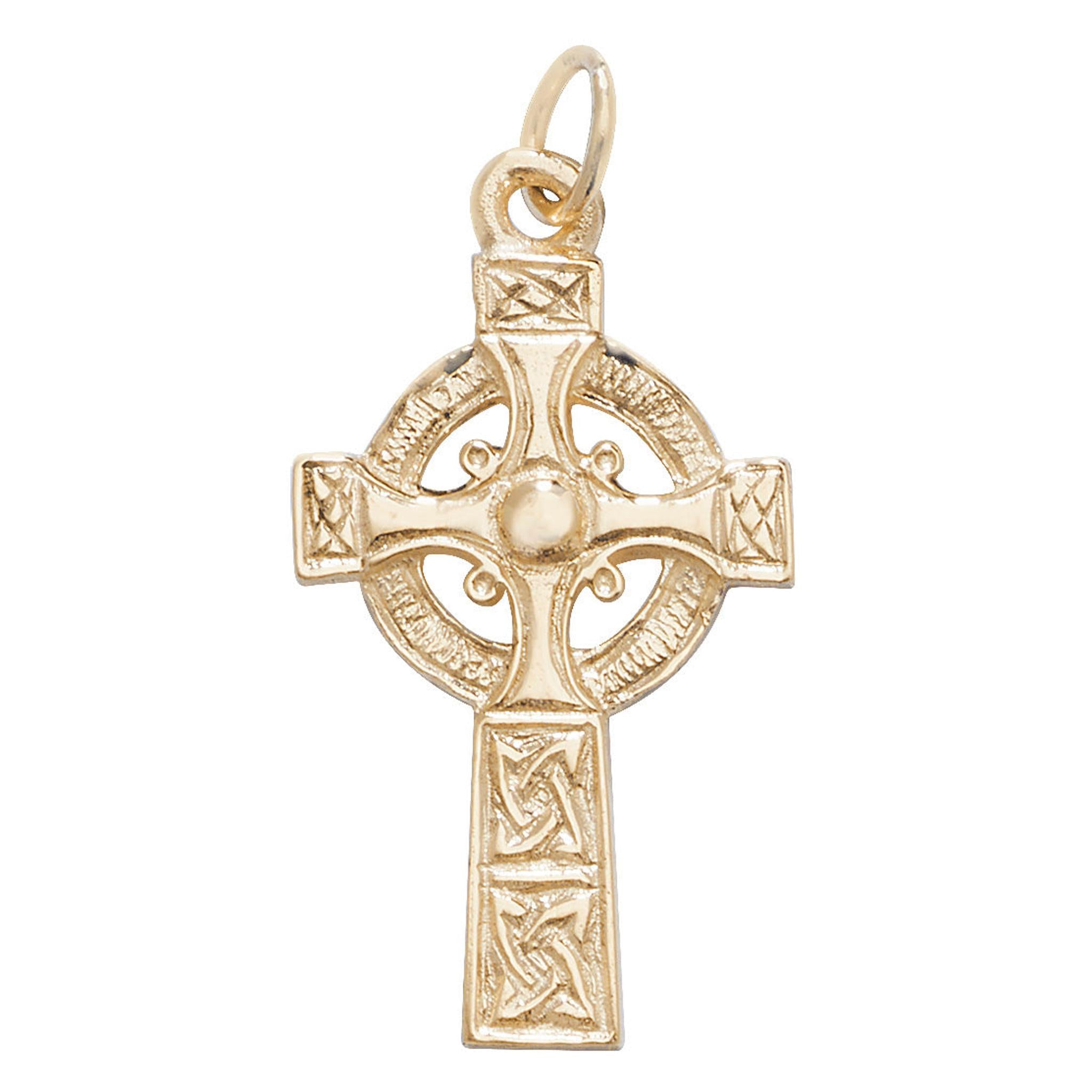 The 9CT GOLD IRISH CELTIC CROSS PENDANT features intricate engraved patterns and a central circular design.