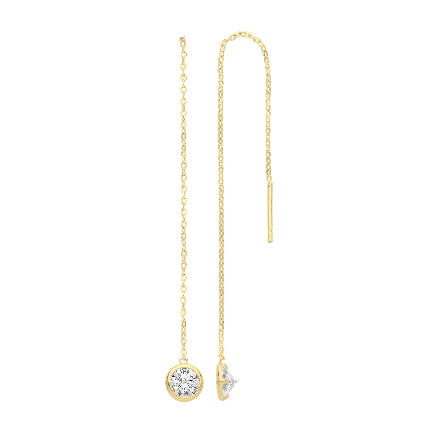 9CT GOLD LADIES CZ PULL THROUGH DROP EARRINGS feature a fine 9ct yellow gold chain with a bezel-set CZ drop, displayed from front and side angles on a white background.